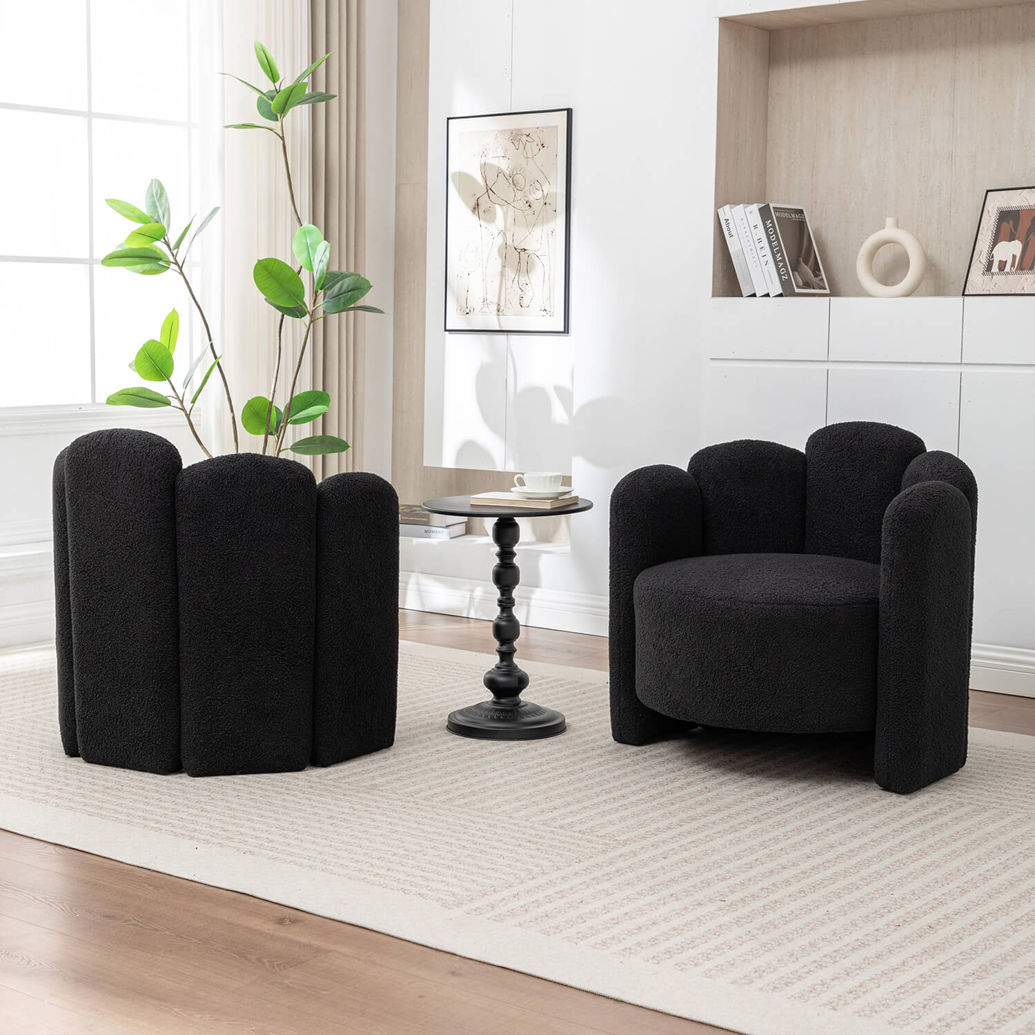 SEYNAR Modern Glam Faux Sherpa Upholstered Round Accent Chair with Flower Shaped Back Design(Single/Set of 2)