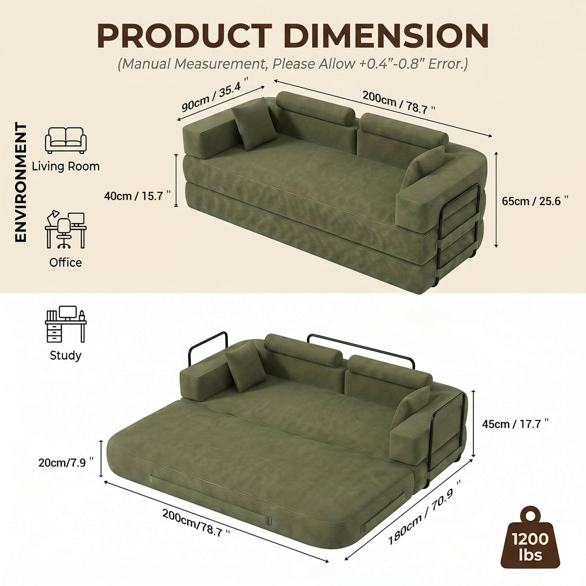 SEYNAR Corduroy Folding Sofa Bed, Memory Foam Compressed Sleeper Couch No Assembly