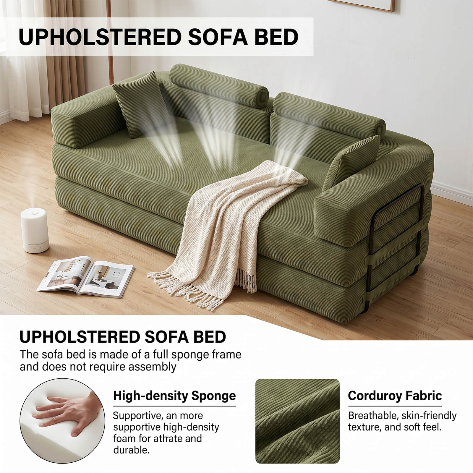 SEYNAR Corduroy Folding Sofa Bed, Memory Foam Compressed Sleeper Couch No Assembly