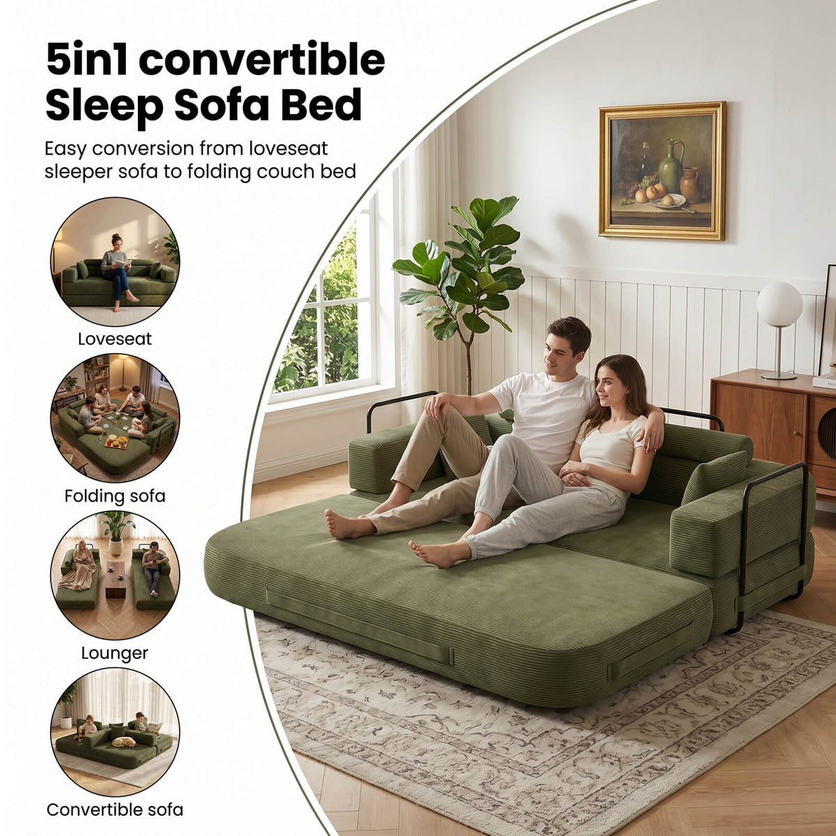SEYNAR Corduroy Folding Sofa Bed, Memory Foam Compressed Sleeper Couch No Assembly