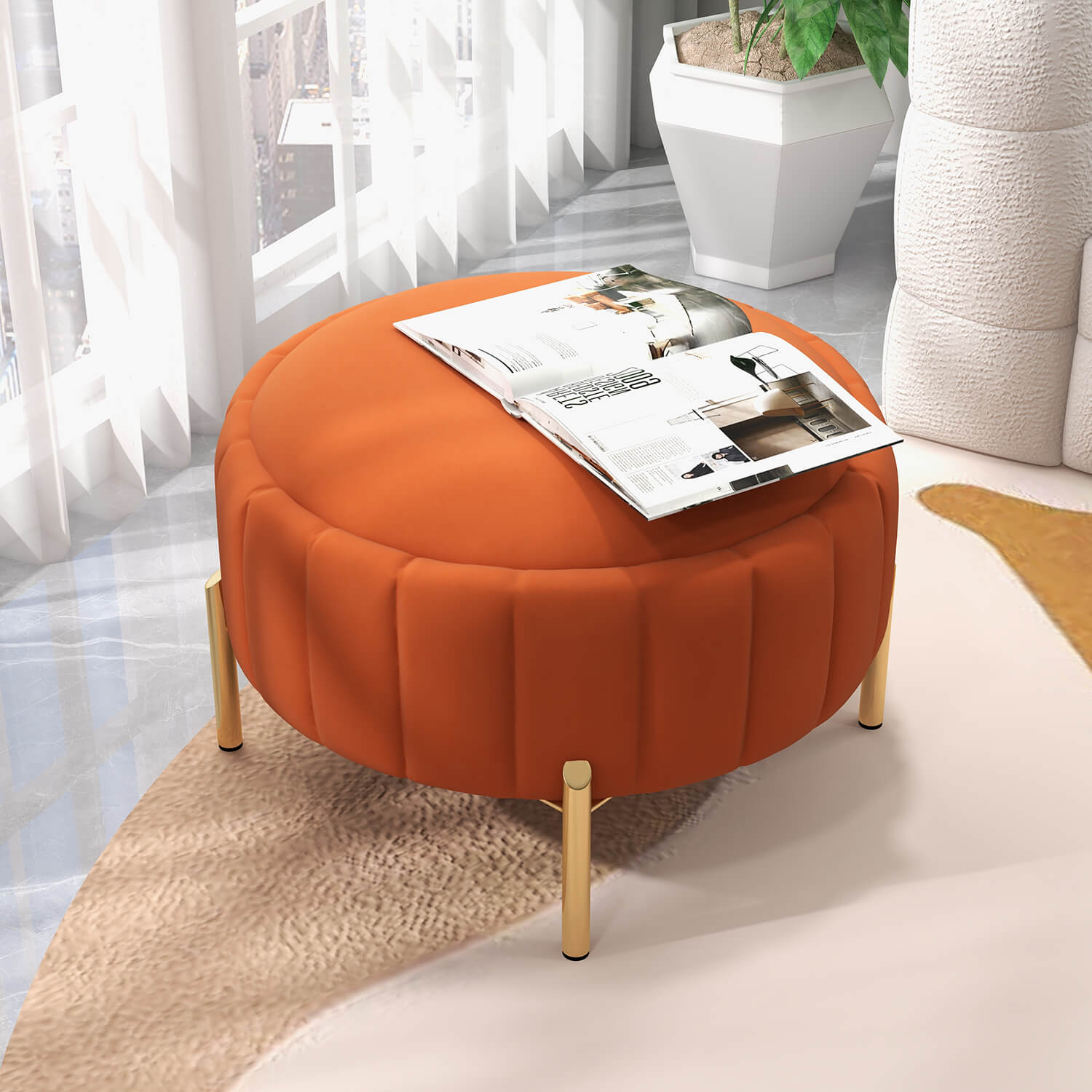 SEYNAR Modern Velvet Round Storage Ottoman with Gold Legs