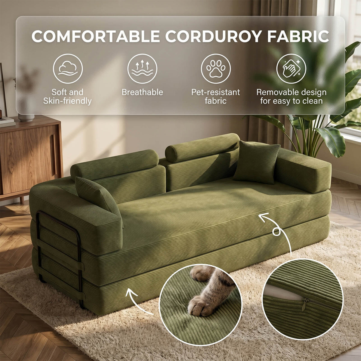 SEYNAR Corduroy Folding Sofa Bed, Memory Foam Compressed Sleeper Couch No Assembly