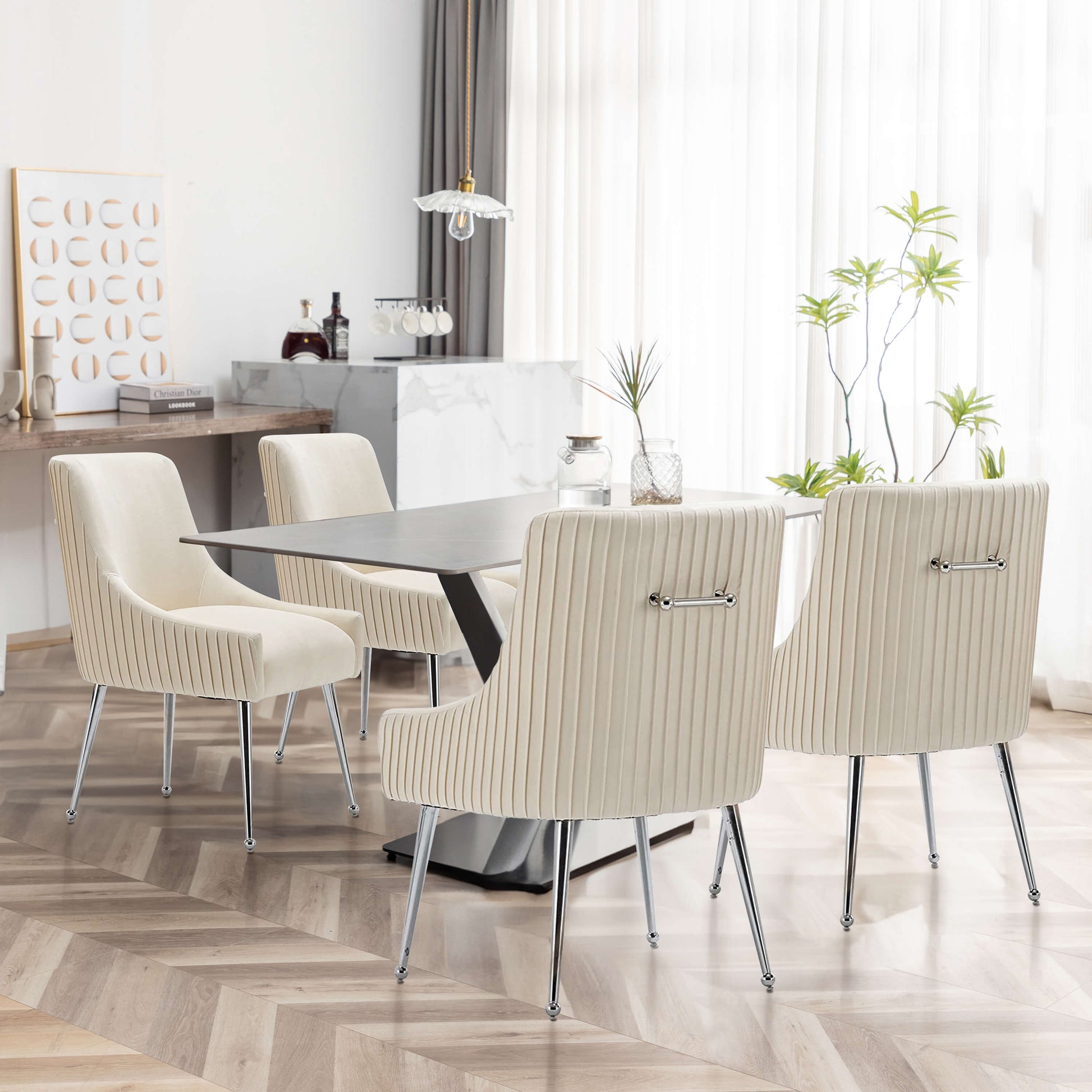 SEYNAR Modern Velvet Pleated Finish Back Dining Chair Set of 2/4/6 with Rear Handle