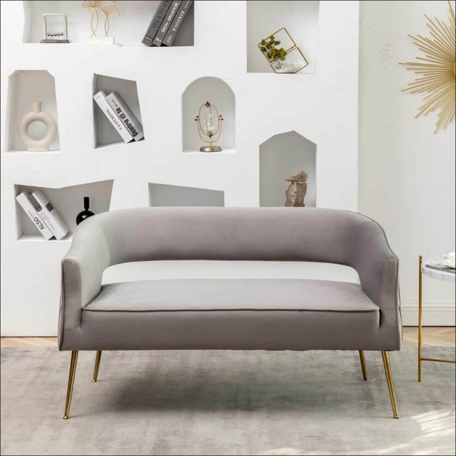 SEYNAR Modern 51'' Velvet Tufted Loveseat Open Back with Golden Metal Legs
