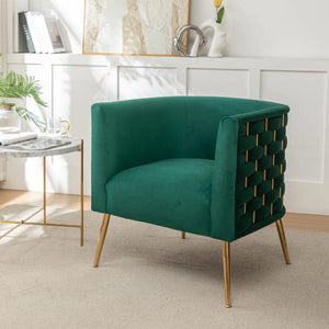SEYNAR Mid-Century Modern Velvet Barrel Accent Chair, Round Upholstered Living Room Chair with Gold Finish Metal Base(Single/Set of 2)