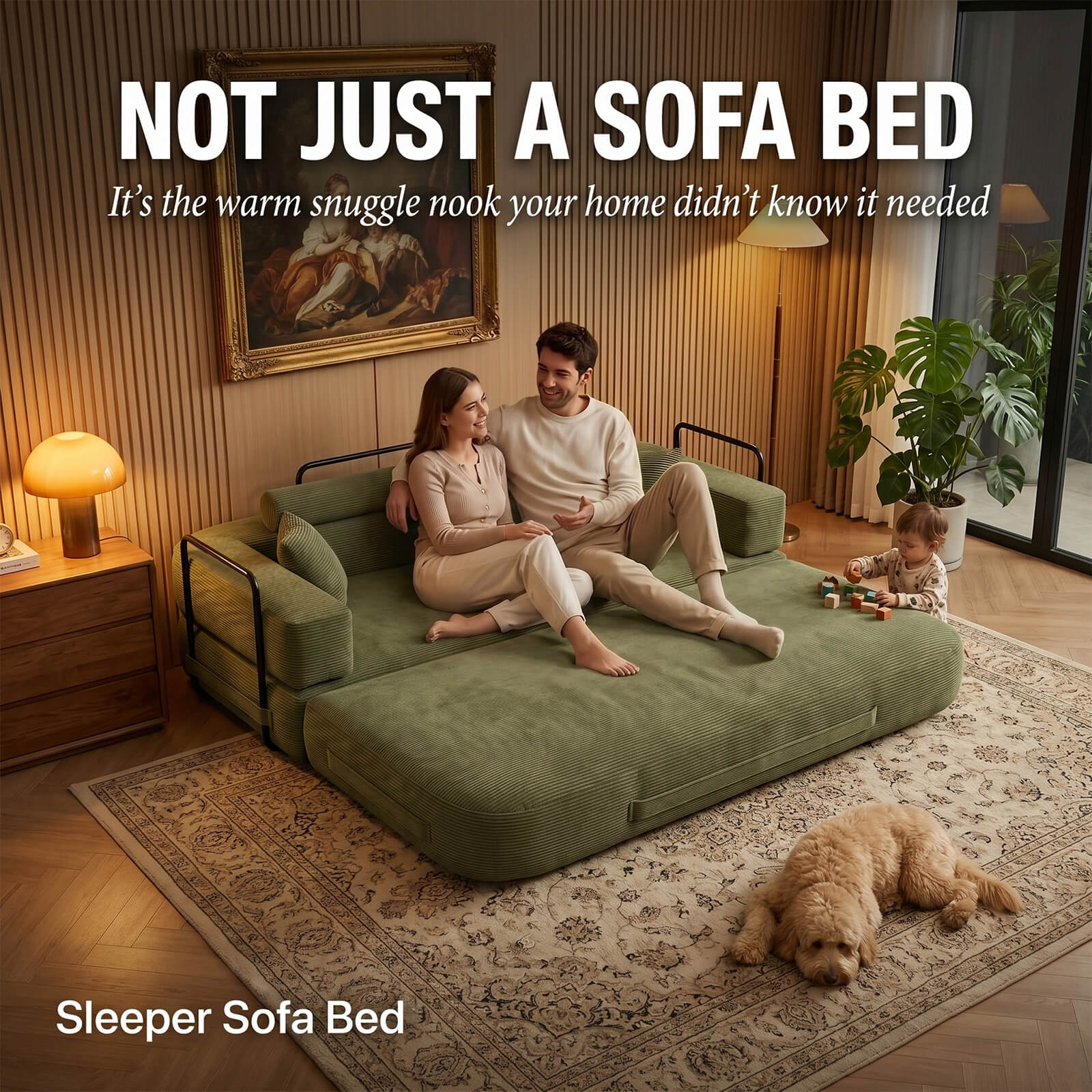 SEYNAR Corduroy Folding Sofa Bed, Memory Foam Compressed Sleeper Couch No Assembly