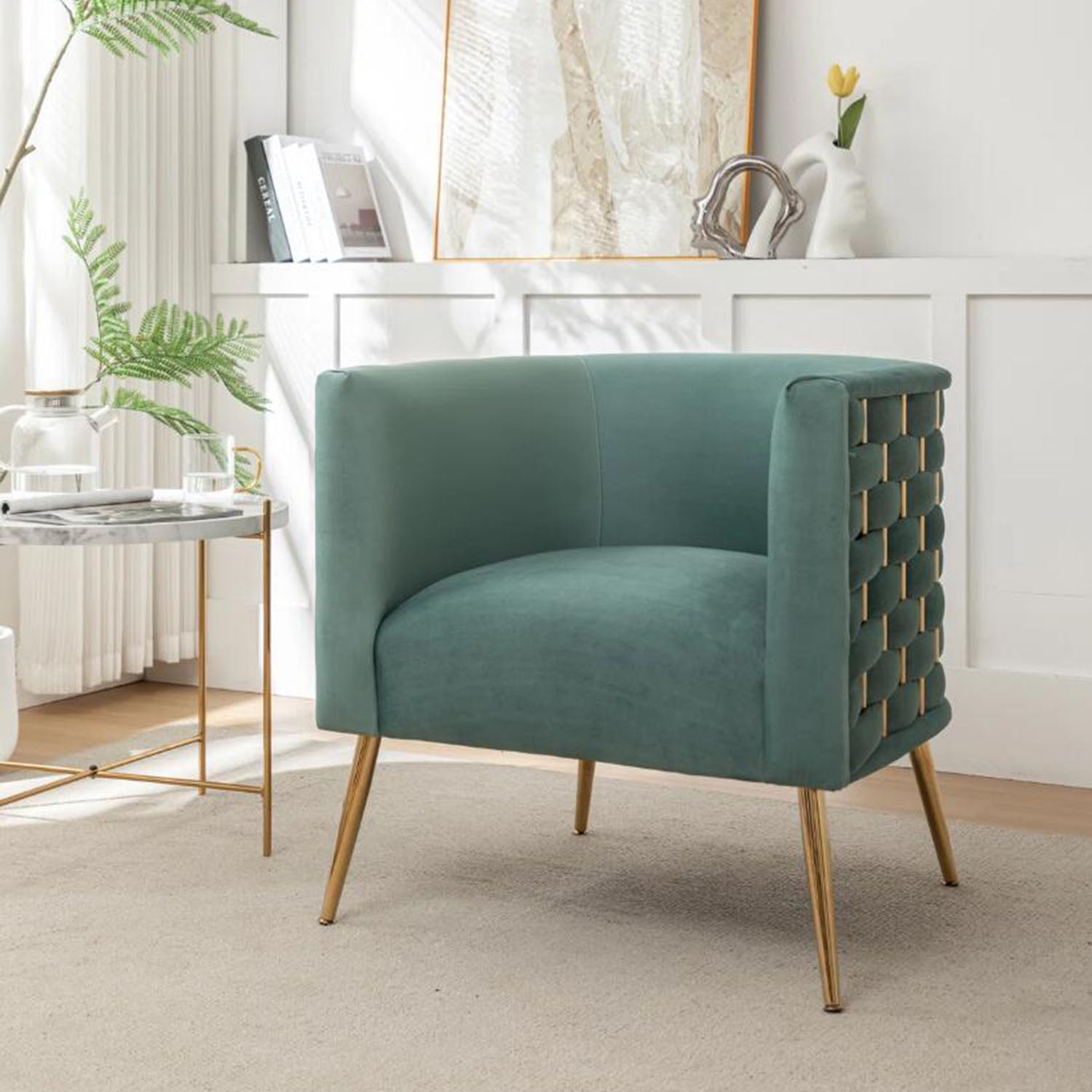 SEYNAR Mid-Century Modern Velvet Barrel Accent Chair, Round Upholstered Living Room Chair with Gold Finish Metal Base(Single/Set of 2)