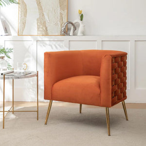 SEYNAR Mid-Century Modern Velvet Barrel Accent Chair, Round Upholstered Living Room Chair with Gold Finish Metal Base(Single/Set of 2)