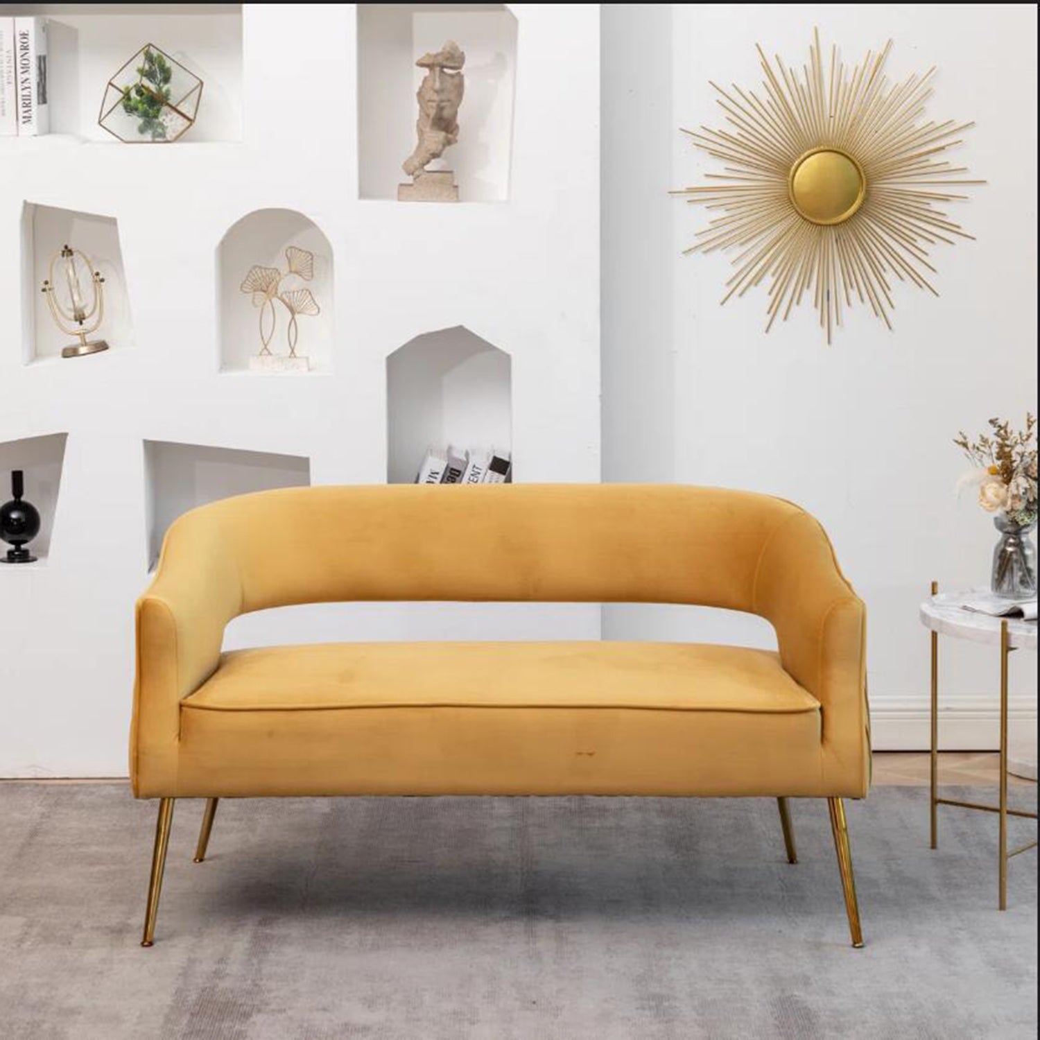 SEYNAR Modern 51'' Velvet Tufted Loveseat Open Back with Golden Metal Legs