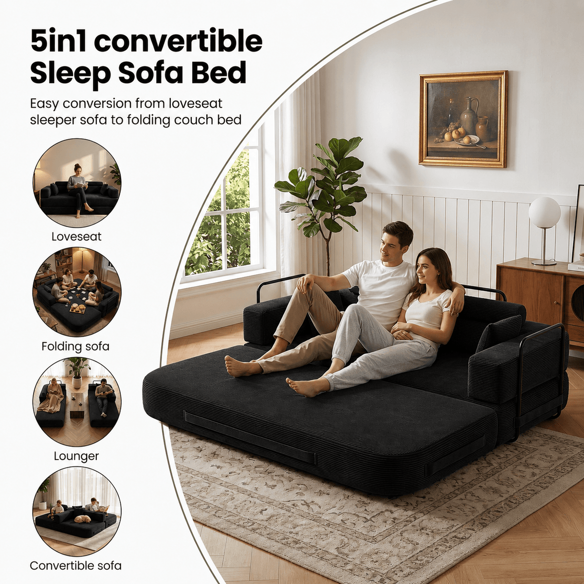 SEYNAR Corduroy Folding Sofa Bed, Memory Foam Compressed Sleeper Couch No Assembly