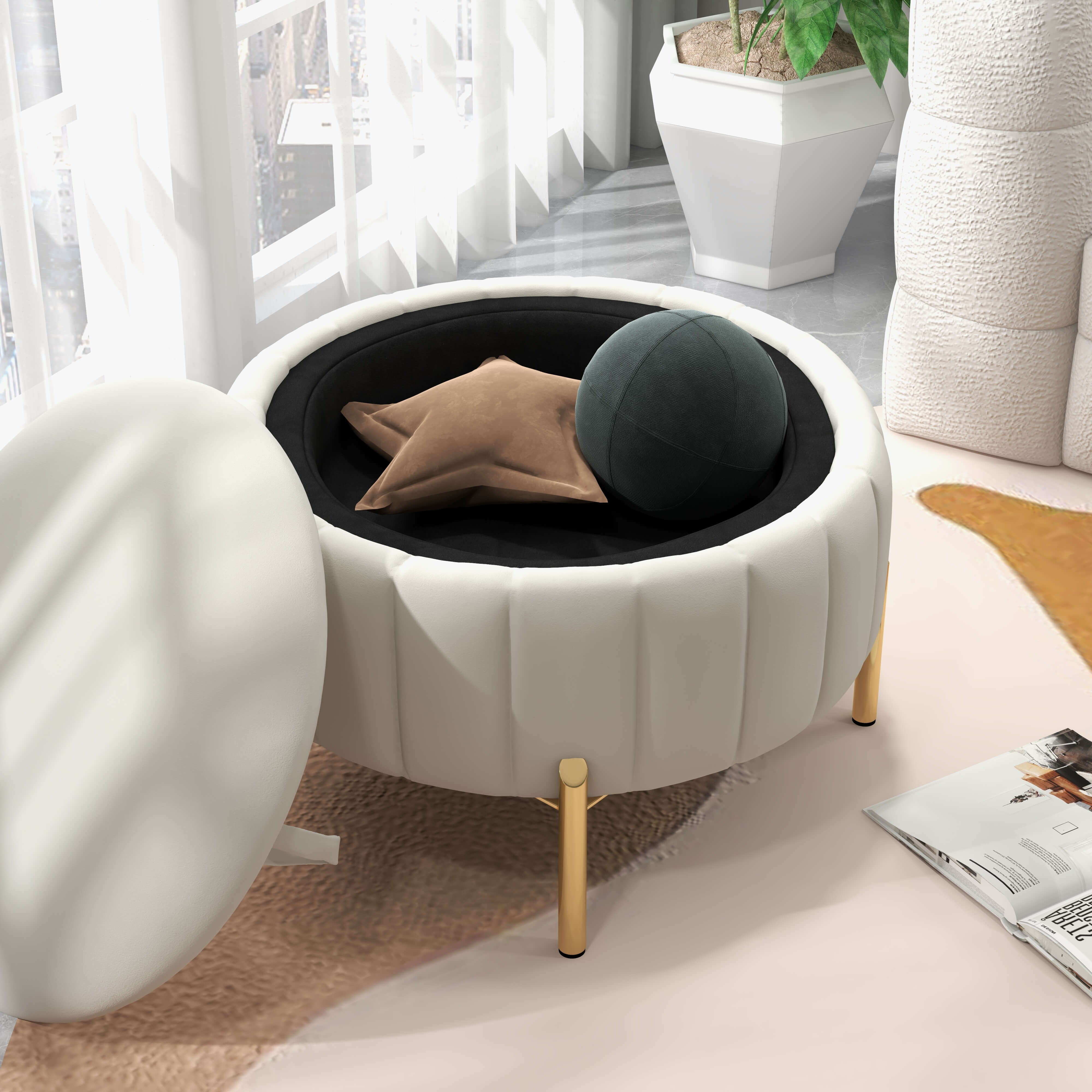 SEYNAR Modern Velvet Round Storage Ottoman with Gold Legs