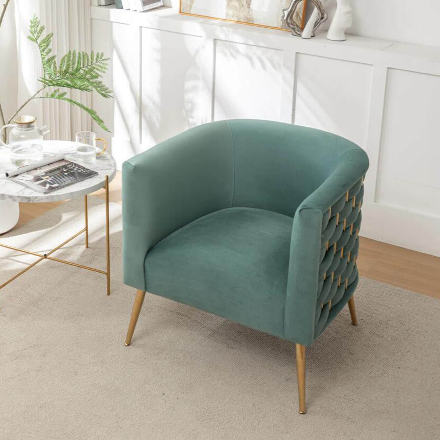 SEYNAR Mid-Century Modern Velvet Barrel Accent Chair, Round Upholstered Living Room Chair with Gold Finish Metal Base(Single/Set of 2)