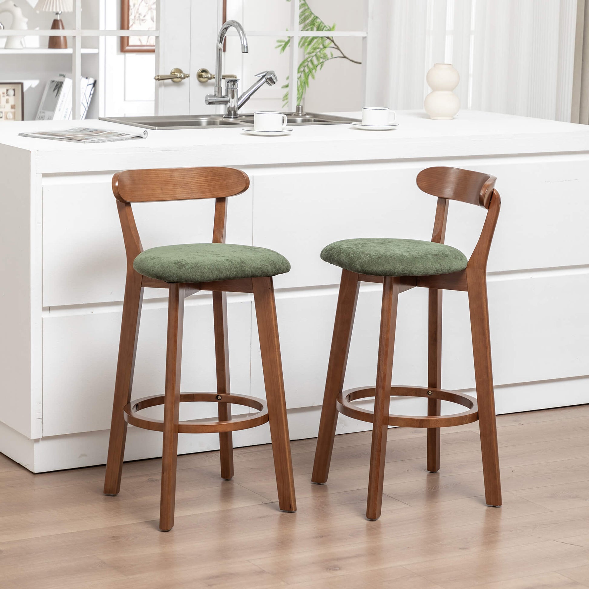 SEYNAR Modern 34.2" Bar Stools Set of 2/4, Solid Wood Barstools with Chenille Cushions & Round Footrest