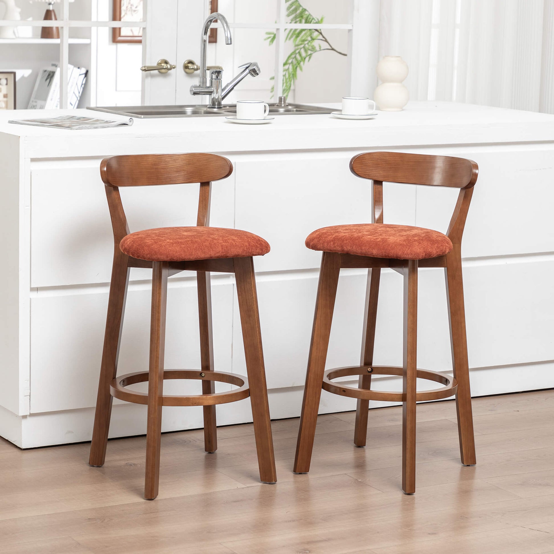 SEYNAR Modern 34.2" Bar Stools Set of 2/4, Solid Wood Barstools with Chenille Cushions & Round Footrest