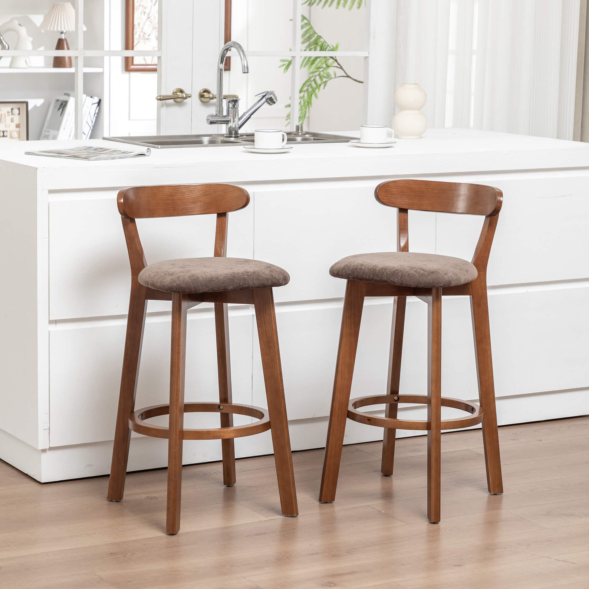SEYNAR Modern 34.2" Bar Stools Set of 2/4, Solid Wood Barstools with Chenille Cushions & Round Footrest