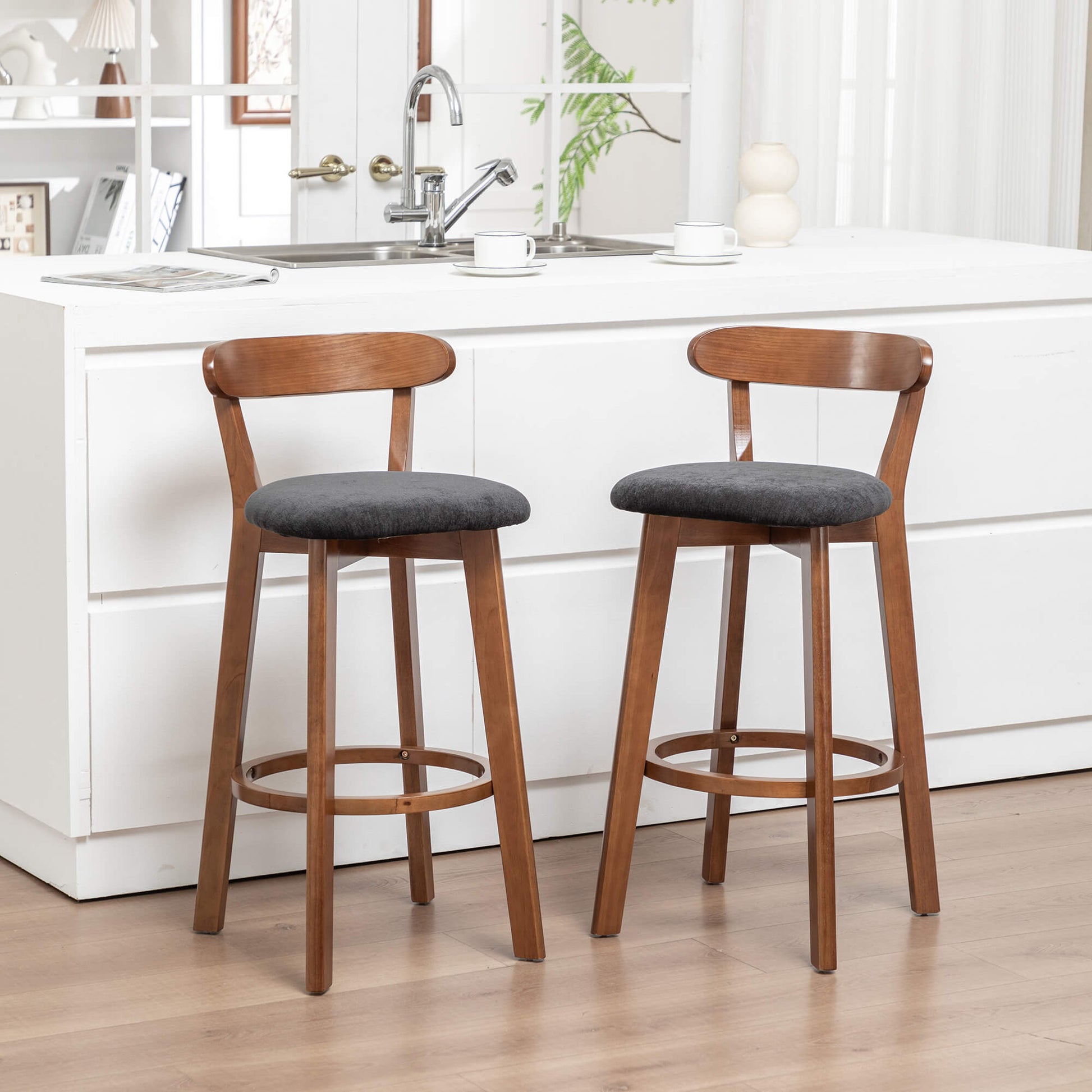 SEYNAR Modern 34.2" Bar Stools Set of 2/4, Solid Wood Barstools with Chenille Cushions & Round Footrest