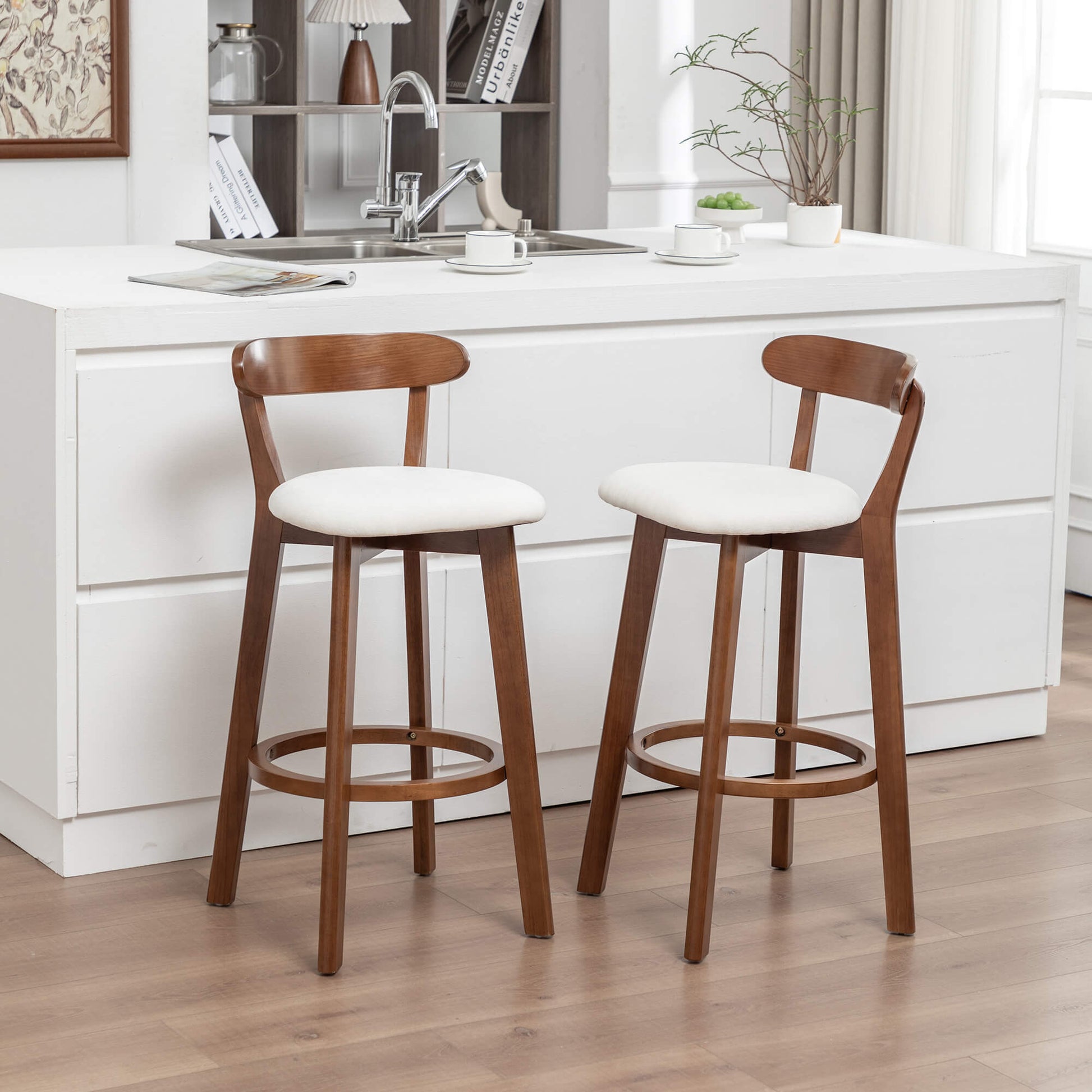 SEYNAR Modern 34.2" Bar Stools Set of 2/4, Solid Wood Barstools with Chenille Cushions & Round Footrest