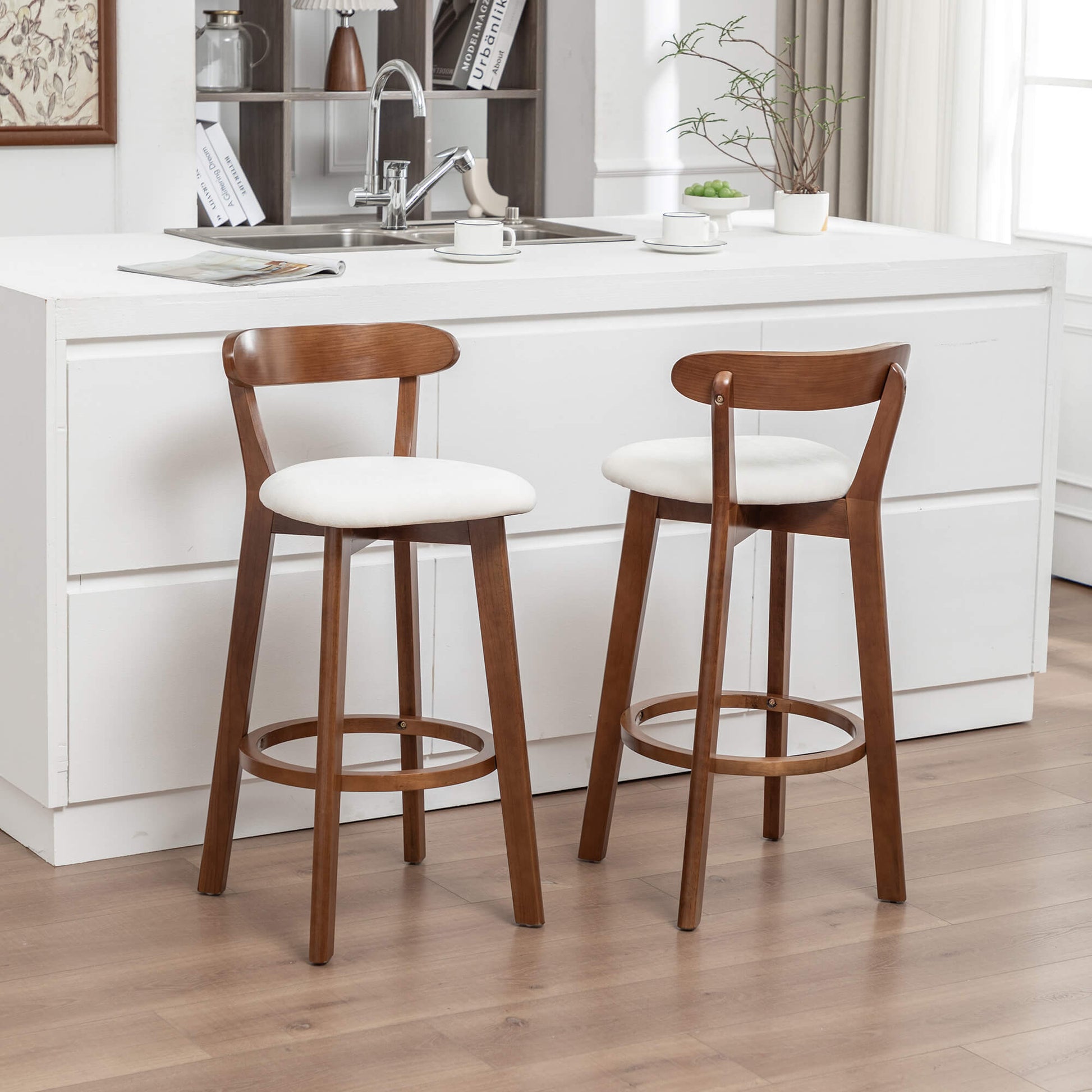 SEYNAR Modern 34.2" Bar Stools Set of 2/4, Solid Wood Barstools with Chenille Cushions & Round Footrest