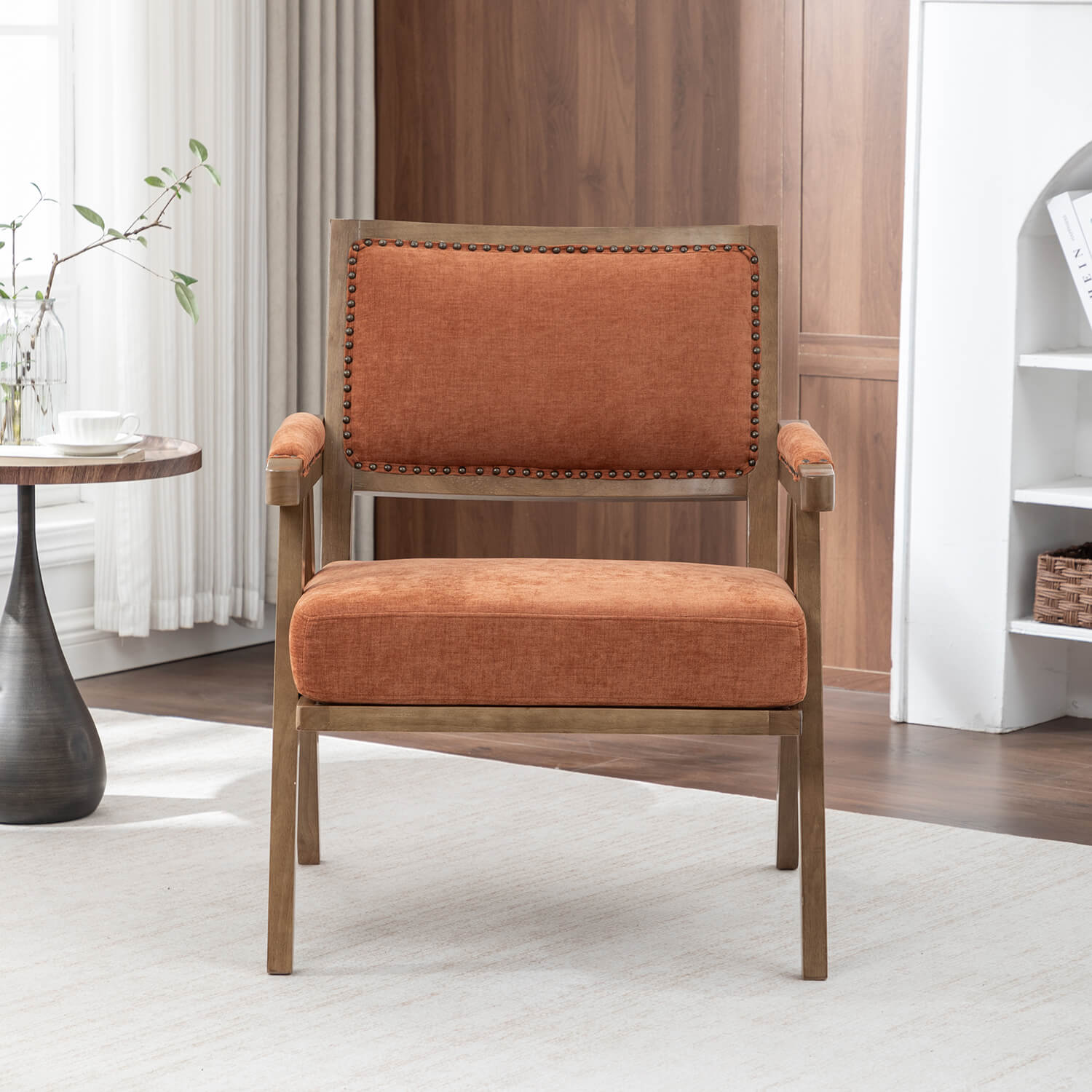 SEYNAR Rustic Mid-Century Chenille Accent Chair with Nailhead Trim and Wood Frame(Single/Set of 2)