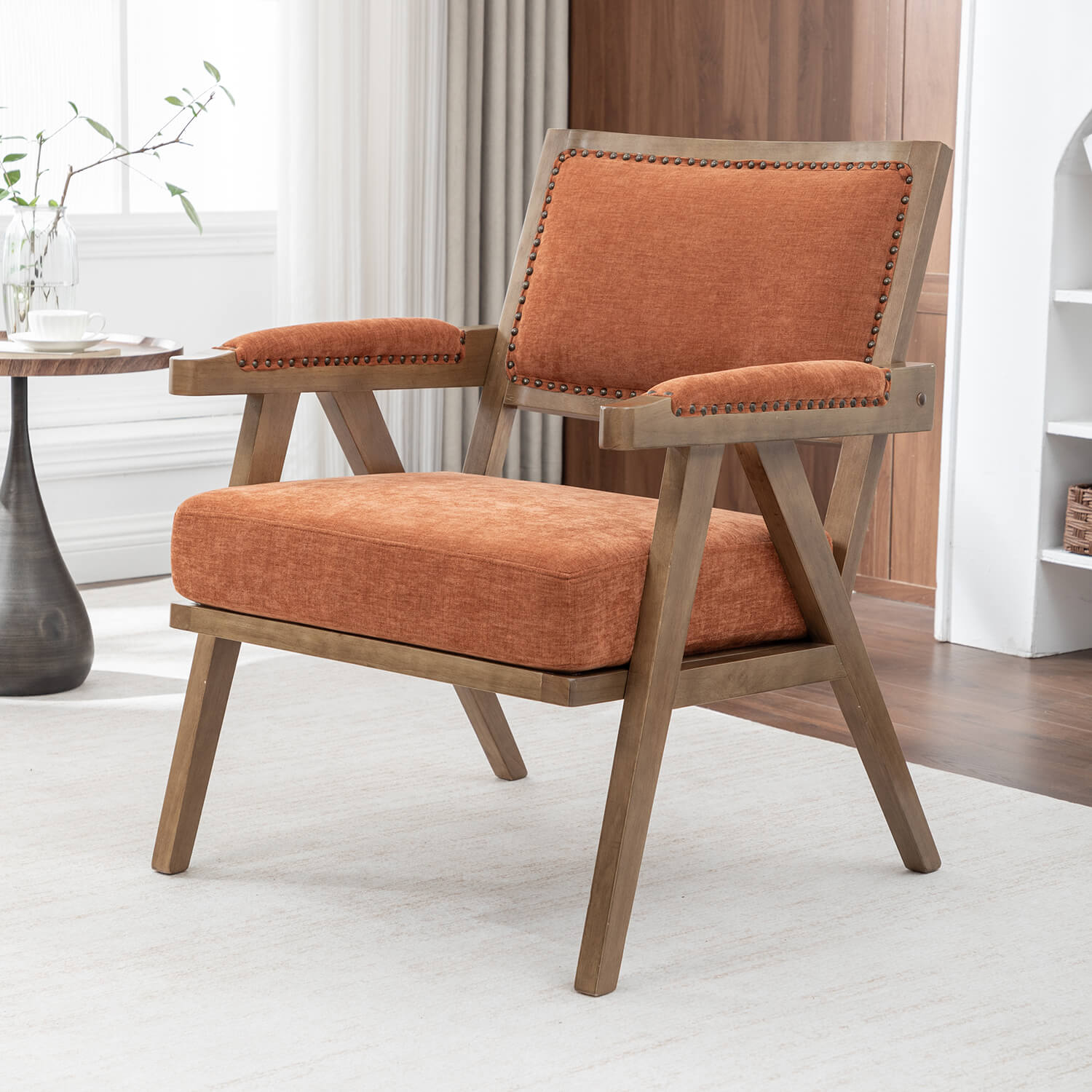 SEYNAR Rustic Mid-Century Chenille Accent Chair with Nailhead Trim and Wood Frame(Single/Set of 2)