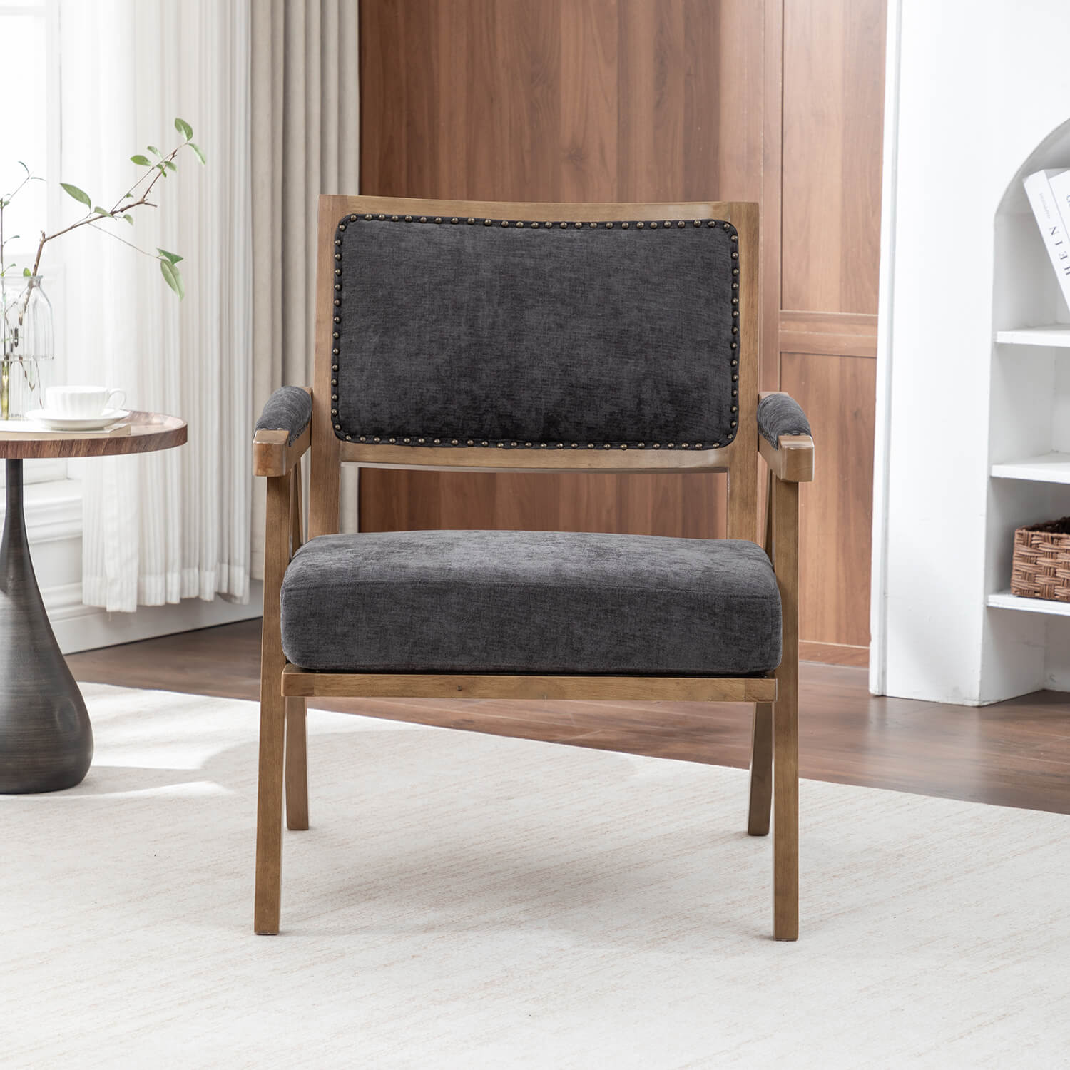 SEYNAR Rustic Mid-Century Chenille Accent Chair with Nailhead Trim and Wood Frame(Single/Set of 2)
