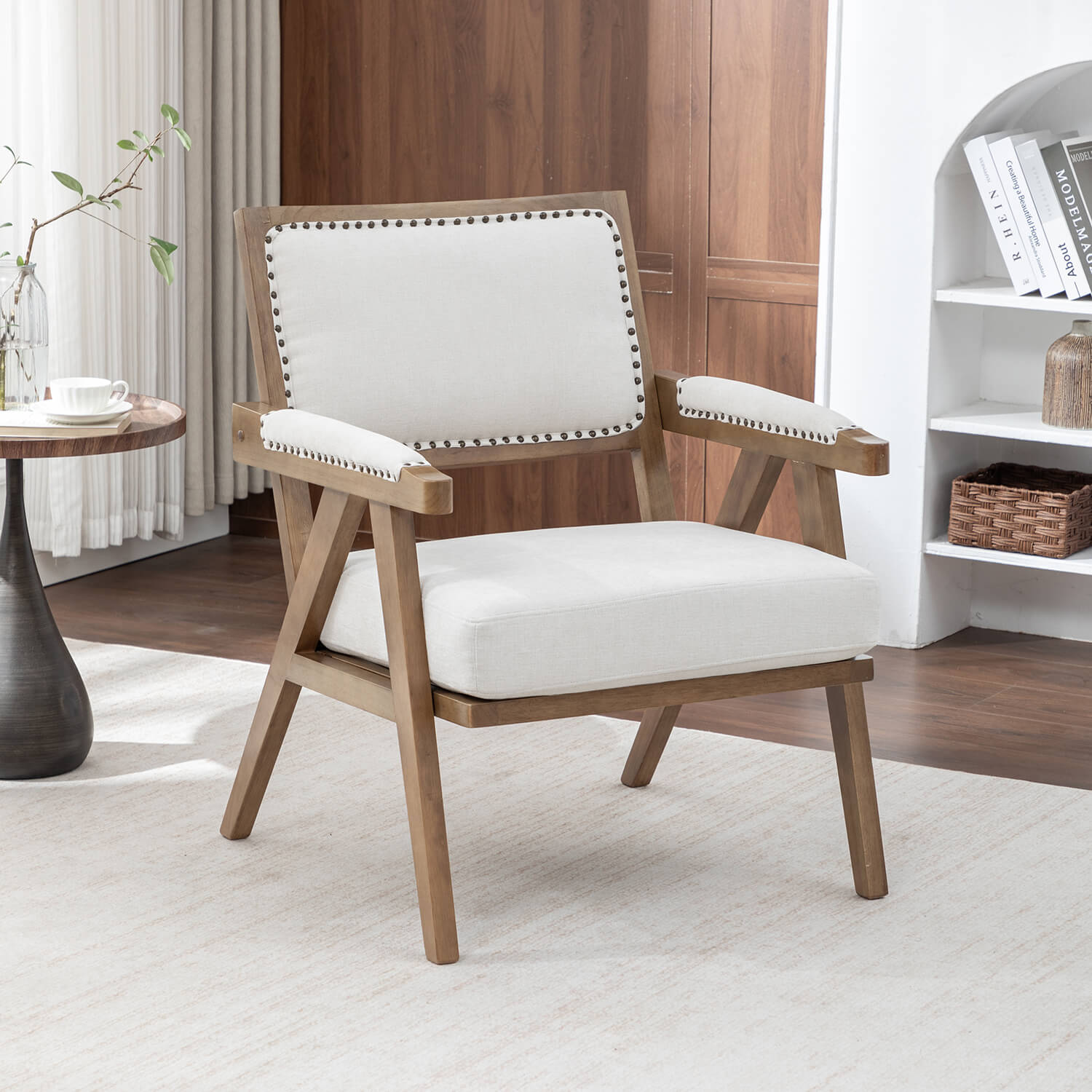 SEYNAR Rustic Mid-Century Chenille Accent Chair with Nailhead Trim and Wood Frame(Single/Set of 2)