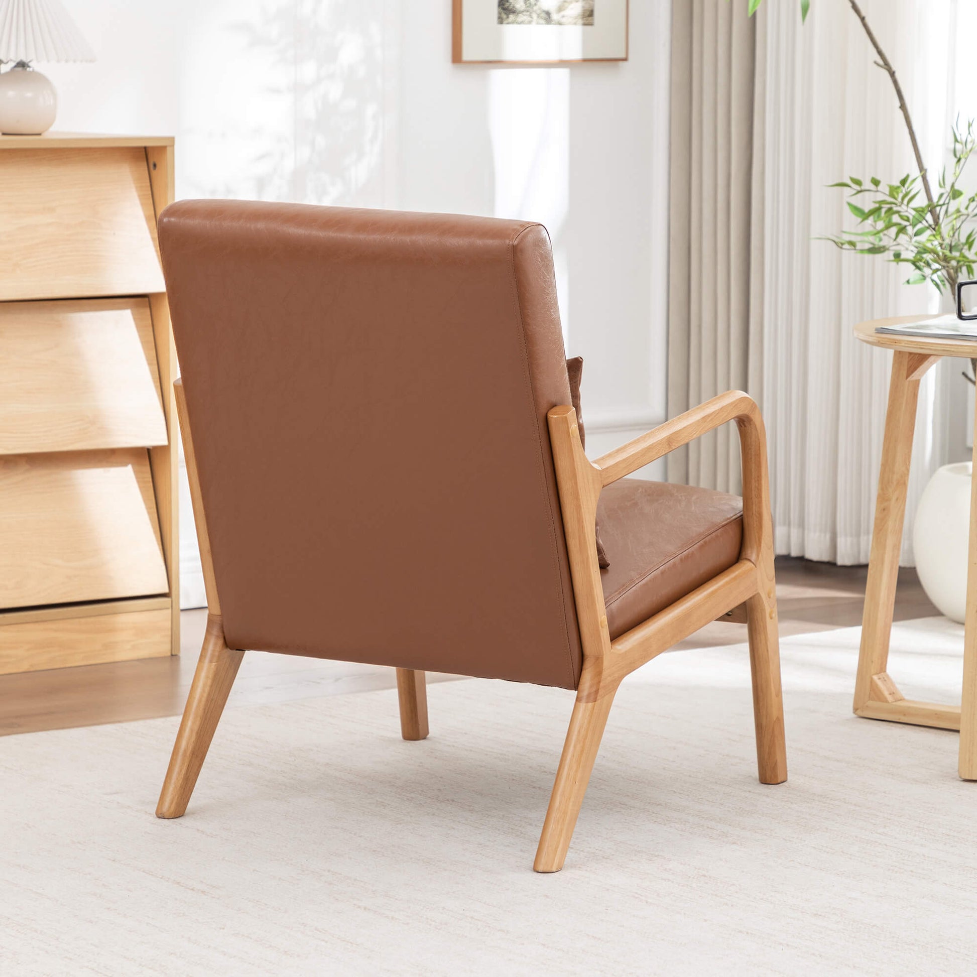 SEYNAR Mid-Century PU Leather Accent Chair with Lumbar Pillow(Single/Set of 2)
