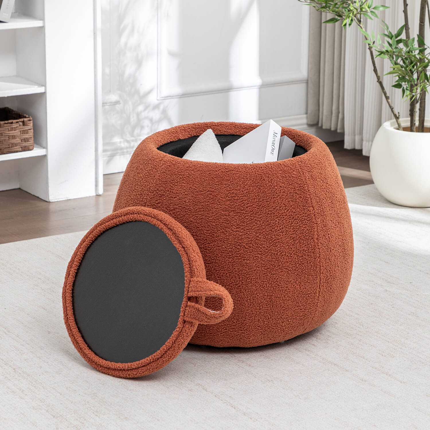 SEYNAR 25" Faux Sherling Round Storage Ottoman - Large Cozy Bouclé Footrest Stool