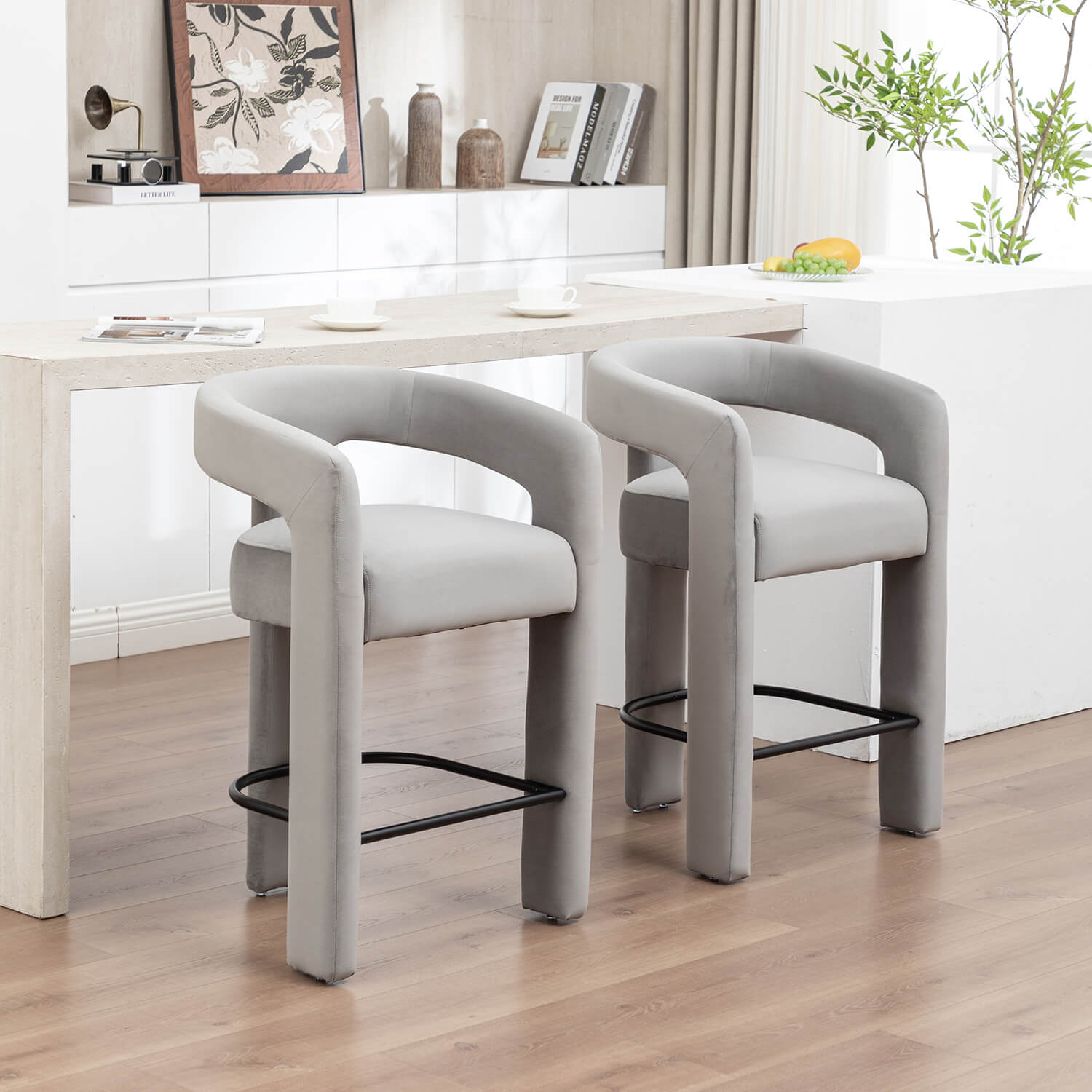 SEYNAR Modern Velvet 34.6''H Fixed Height Open-Back Bar Stool with Metal Footrest(Single/Set of 2)