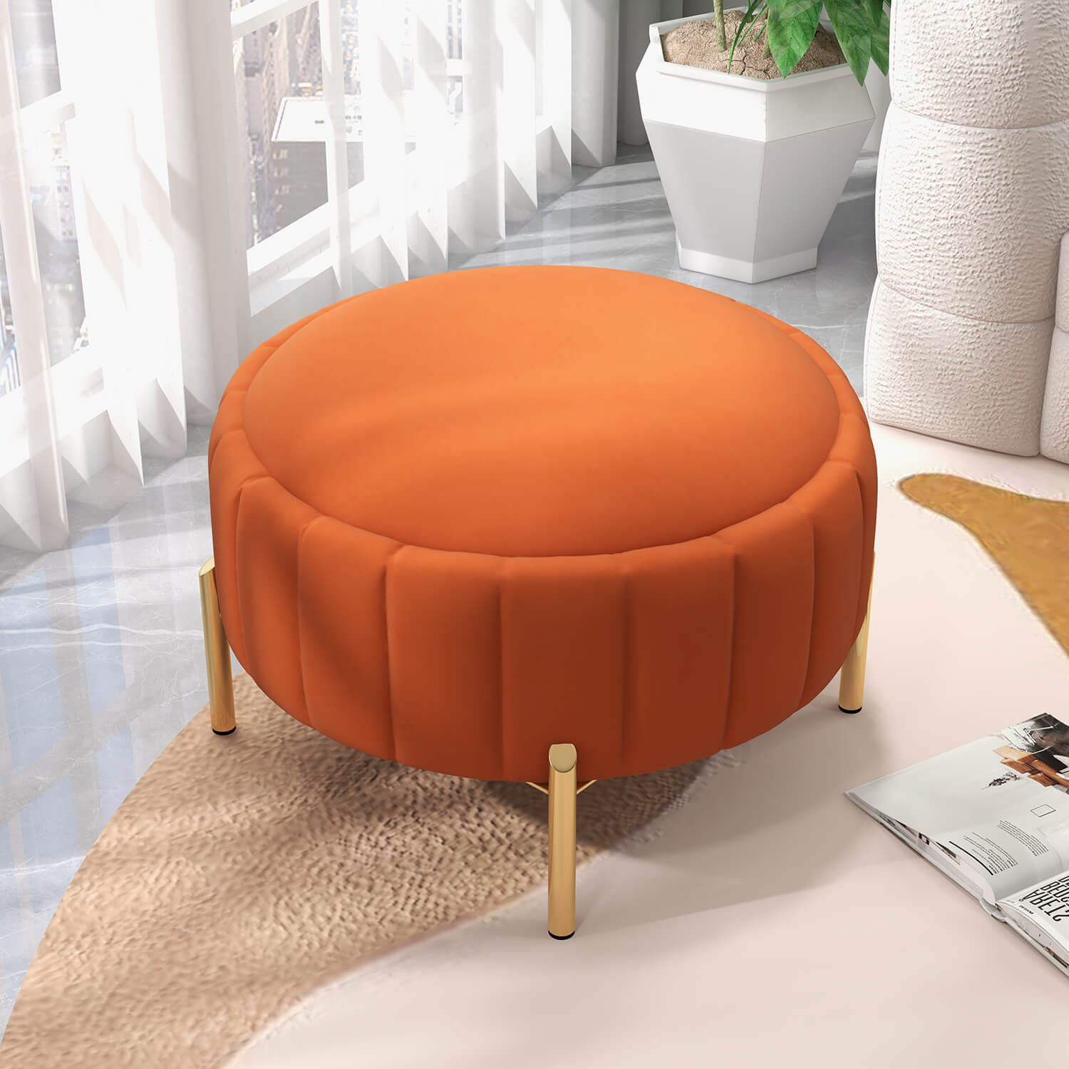 SEYNAR Modern Velvet Round Storage Ottoman with Gold Legs