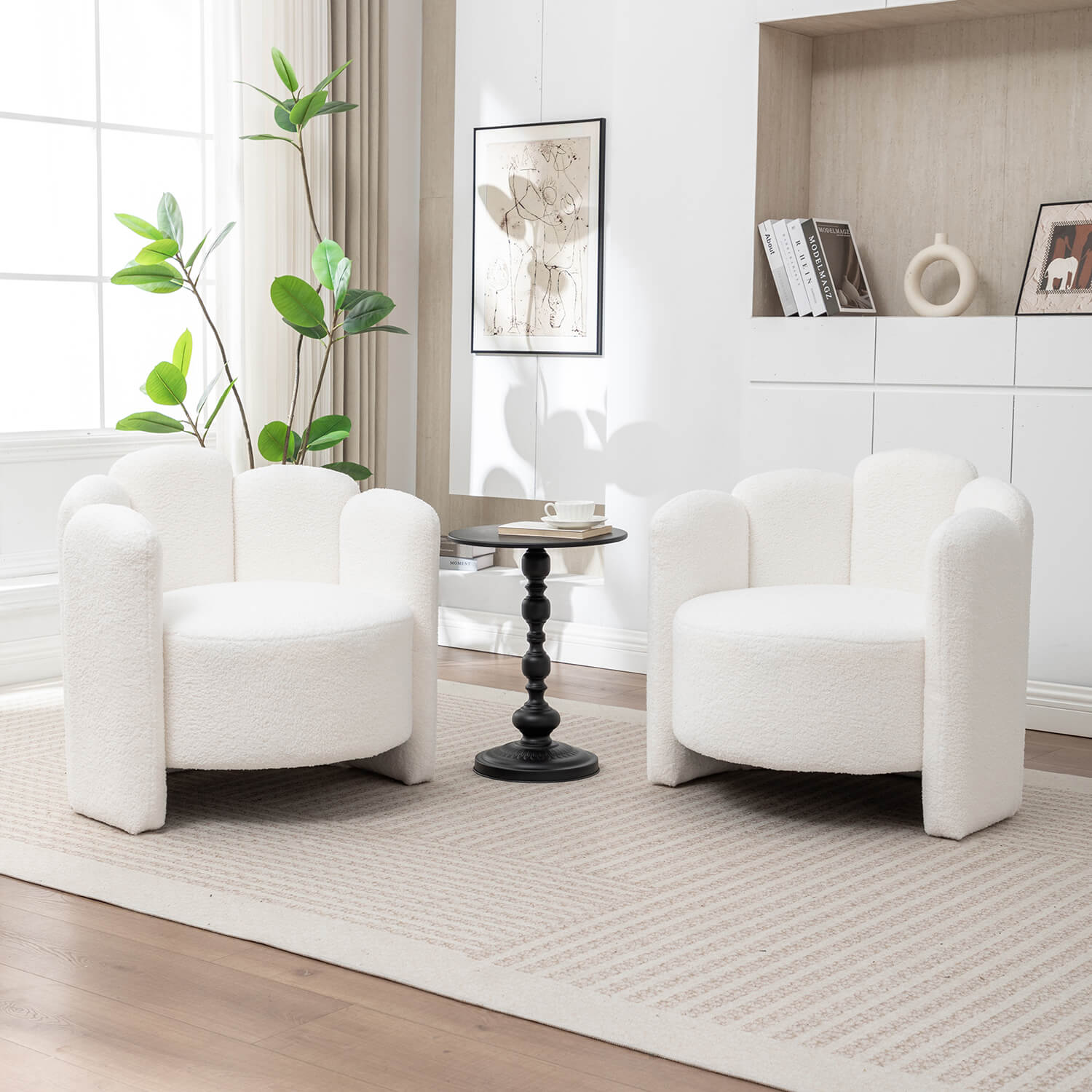 SEYNAR Modern Glam Faux Sherpa Upholstered Round Accent Chair with Flower Shaped Back Design(Single/Set of 2)
