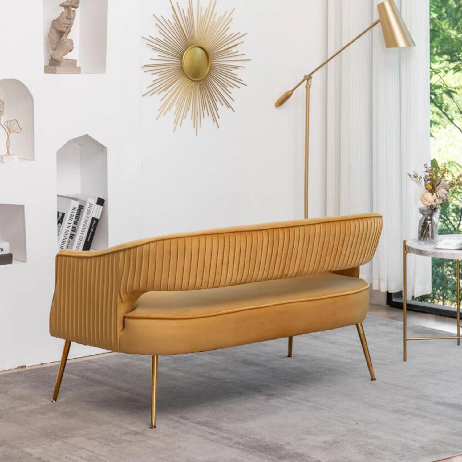 SEYNAR Modern 51'' Velvet Tufted Loveseat Open Back with Golden Metal Legs