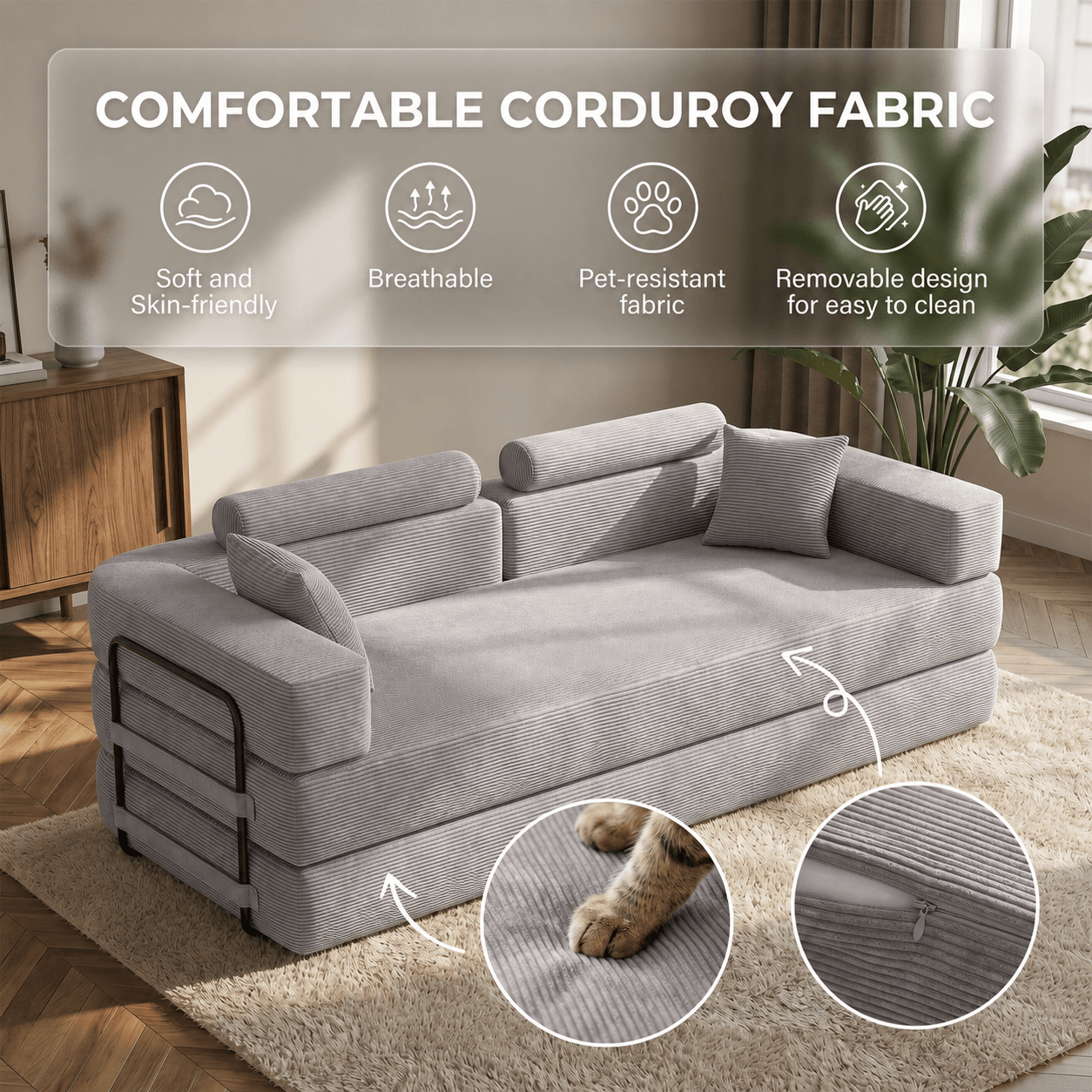 SEYNAR Corduroy Folding Sofa Bed, Memory Foam Compressed Sleeper Couch No Assembly