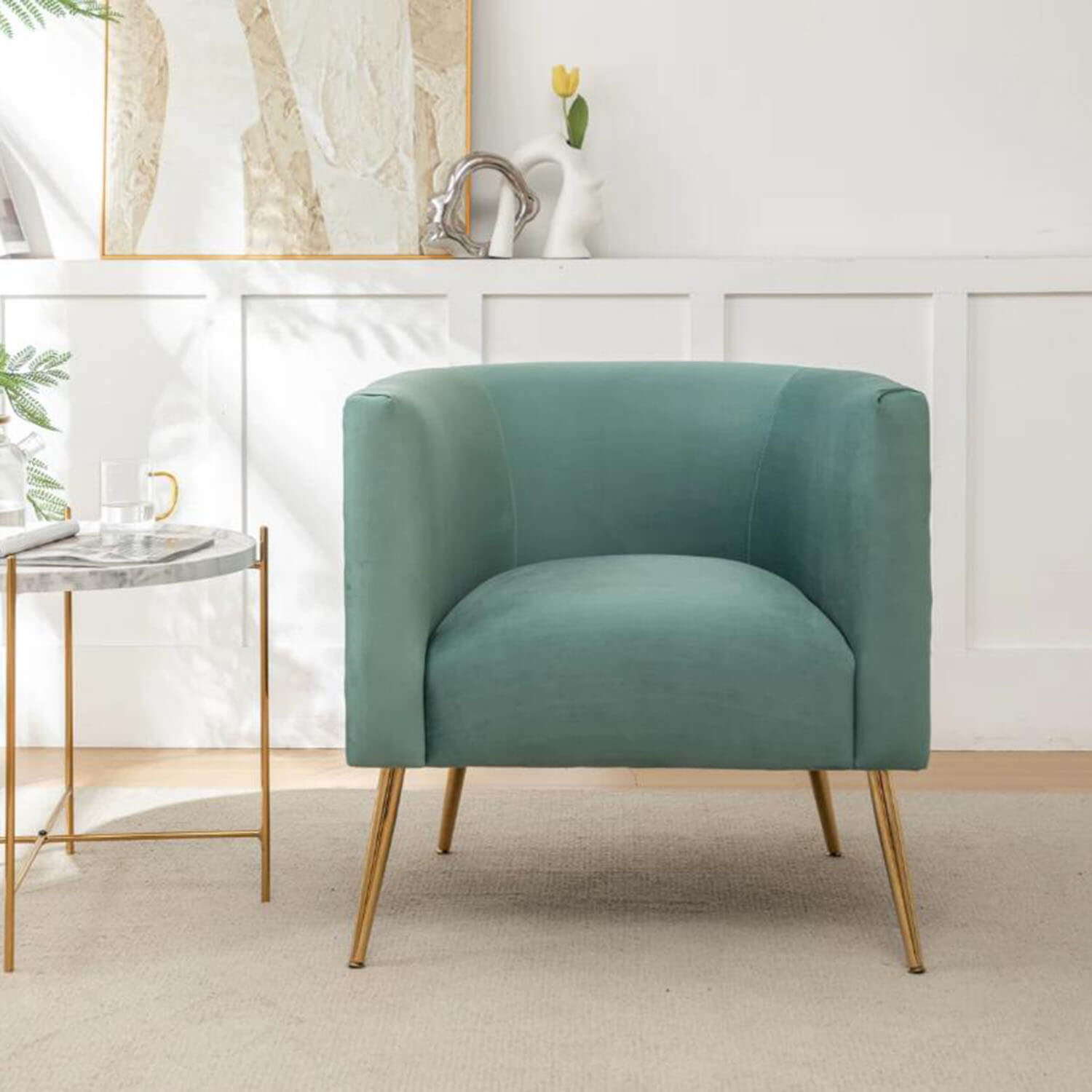 SEYNAR Mid-Century Modern Velvet Barrel Accent Chair, Round Upholstered Living Room Chair with Gold Finish Metal Base(Single/Set of 2)