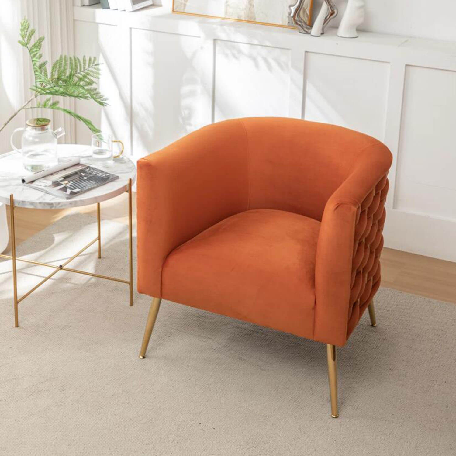 SEYNAR Mid-Century Modern Velvet Barrel Accent Chair, Round Upholstered Living Room Chair with Gold Finish Metal Base(Single/Set of 2)