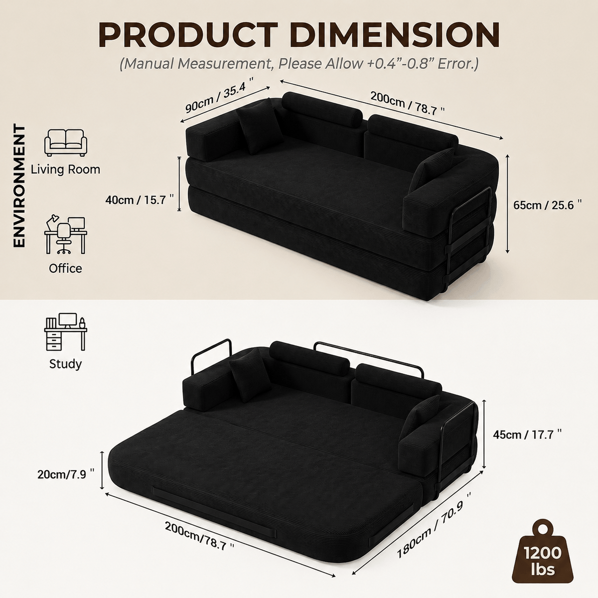 SEYNAR Corduroy Folding Sofa Bed, Memory Foam Compressed Sleeper Couch No Assembly