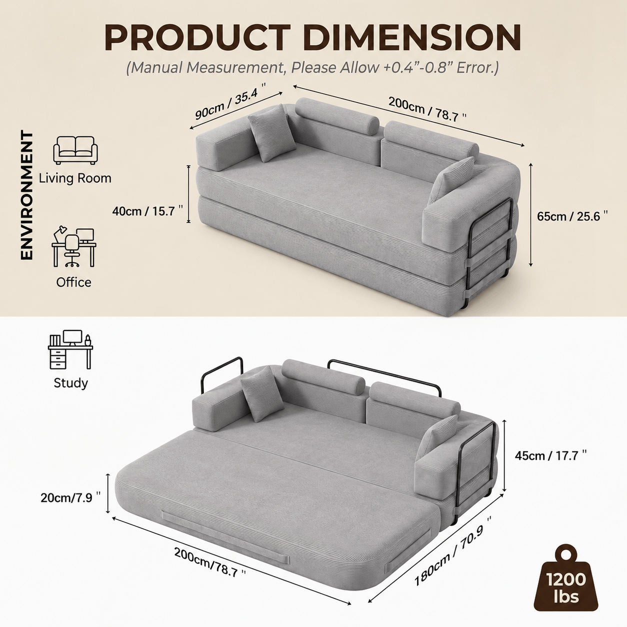 SEYNAR Corduroy Folding Sofa Bed, Memory Foam Compressed Sleeper Couch No Assembly