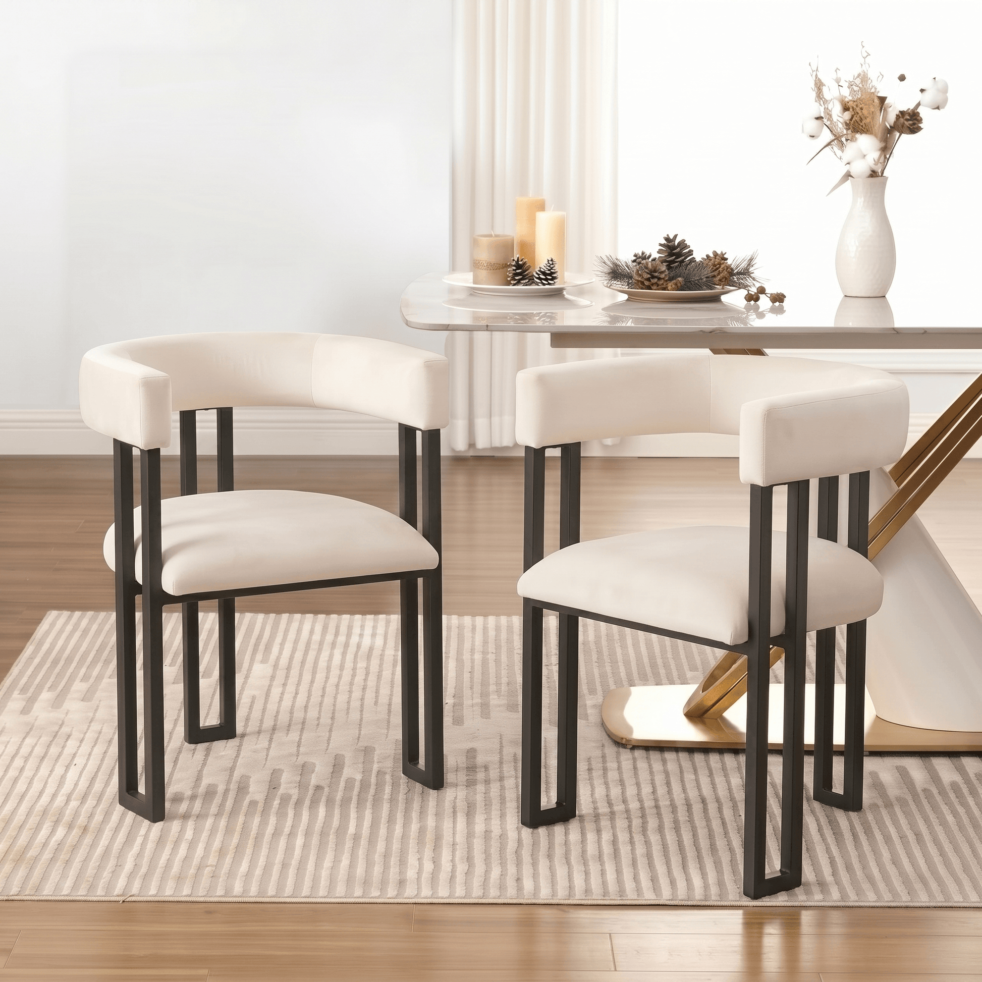 SEYNAR Modern Velvet Dining Chairs Set of 2, Curved Barrel Back Upholstered Armchairs with Black Metal Frame for Dining Room