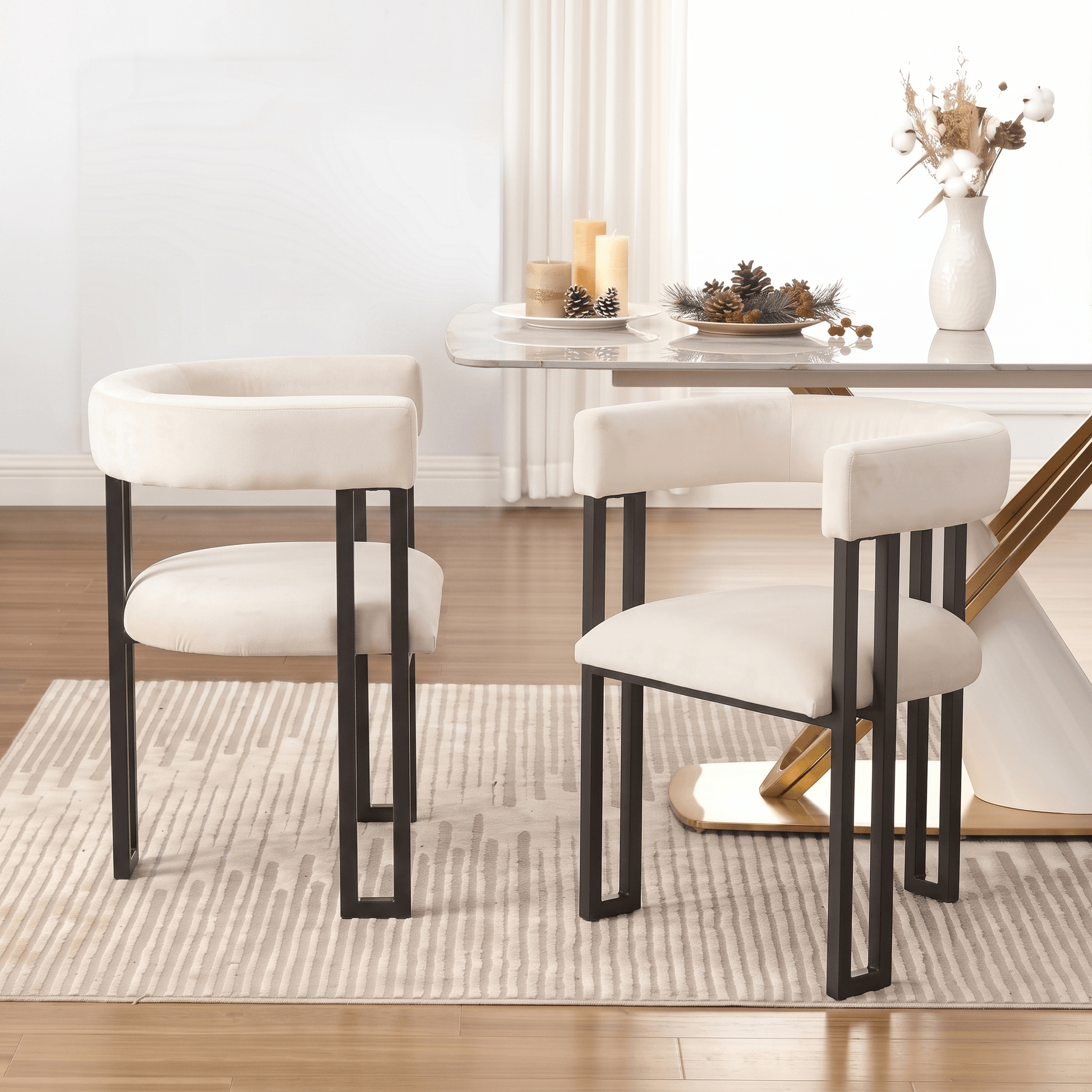 SEYNAR Modern Velvet Dining Chairs Set of 2, Curved Barrel Back Upholstered Armchairs with Black Metal Frame for Dining Room