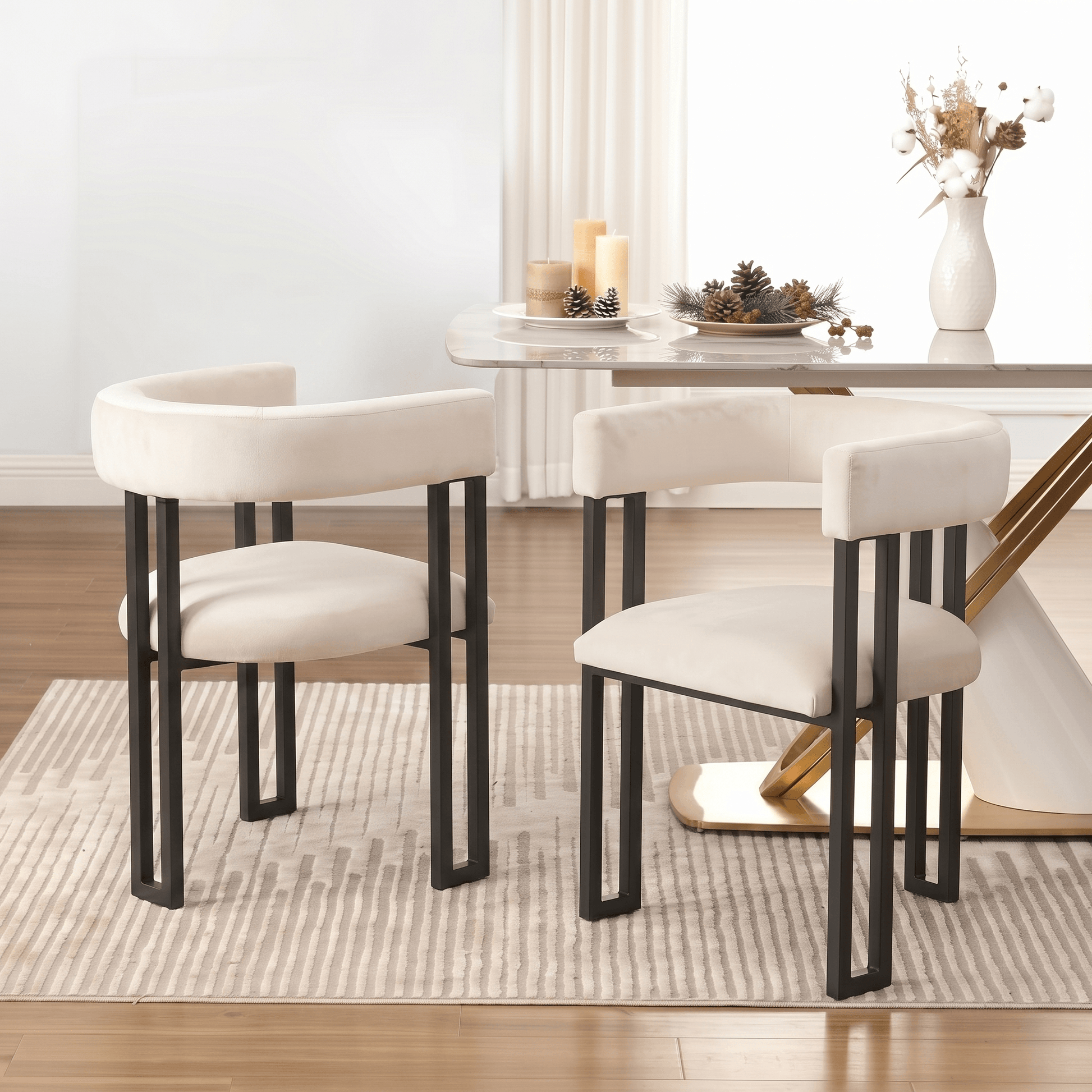 SEYNAR Modern Velvet Dining Chairs Set of 2, Curved Barrel Back Upholstered Armchairs with Black Metal Frame for Dining Room