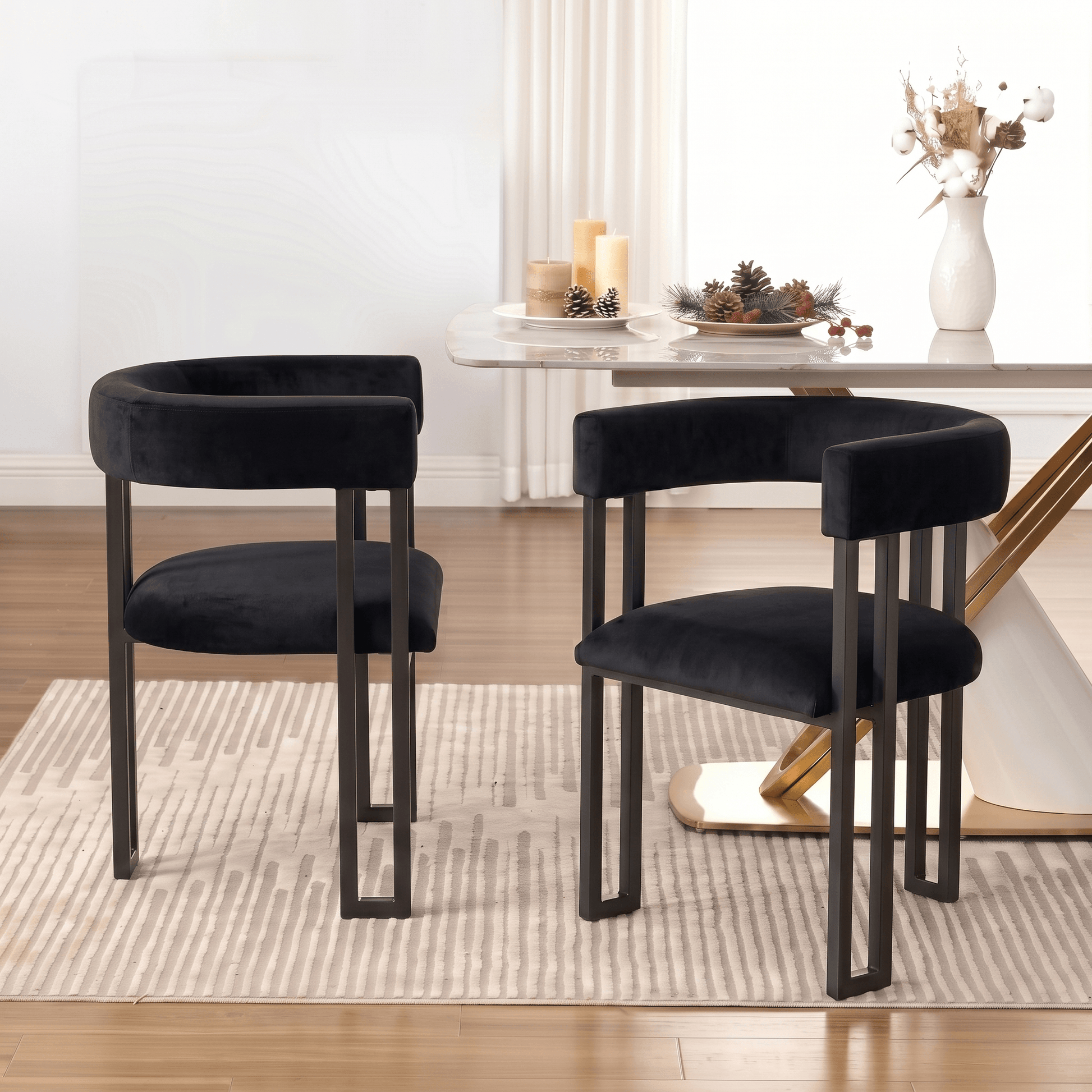 SEYNAR Modern Velvet Dining Chairs Set of 2, Curved Barrel Back Upholstered Armchairs with Black Metal Frame for Dining Room