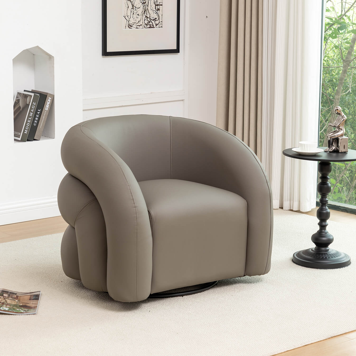 SEYNAR Modern Glam PU Leather 360 Degree Swivel Accent Armchair with Metal Base