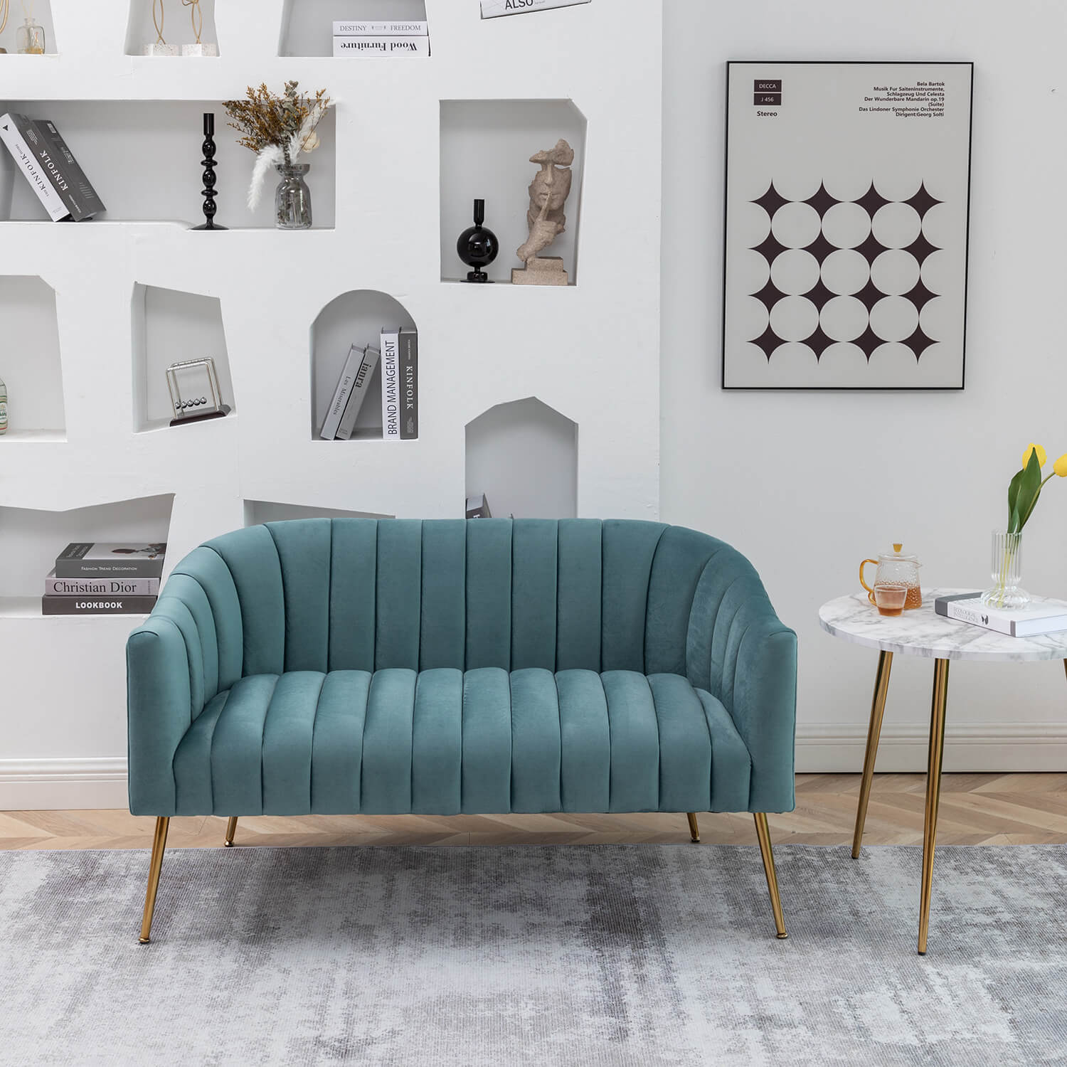 SEYNAR Modern Glam Comfy 50" Metal Legs Curved Sofa 2 Seaters Loveseat with Tufted Back