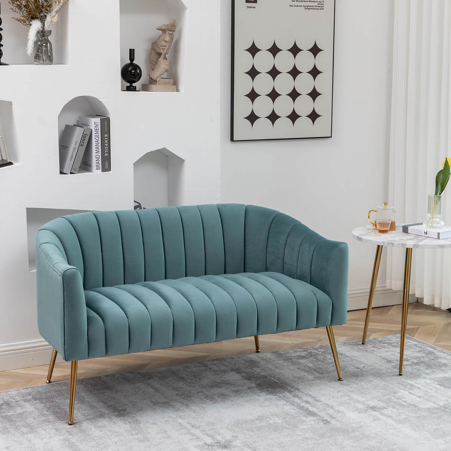 SEYNAR Modern Glam Comfy 50" Metal Legs Curved Sofa 2 Seaters Loveseat with Tufted Back