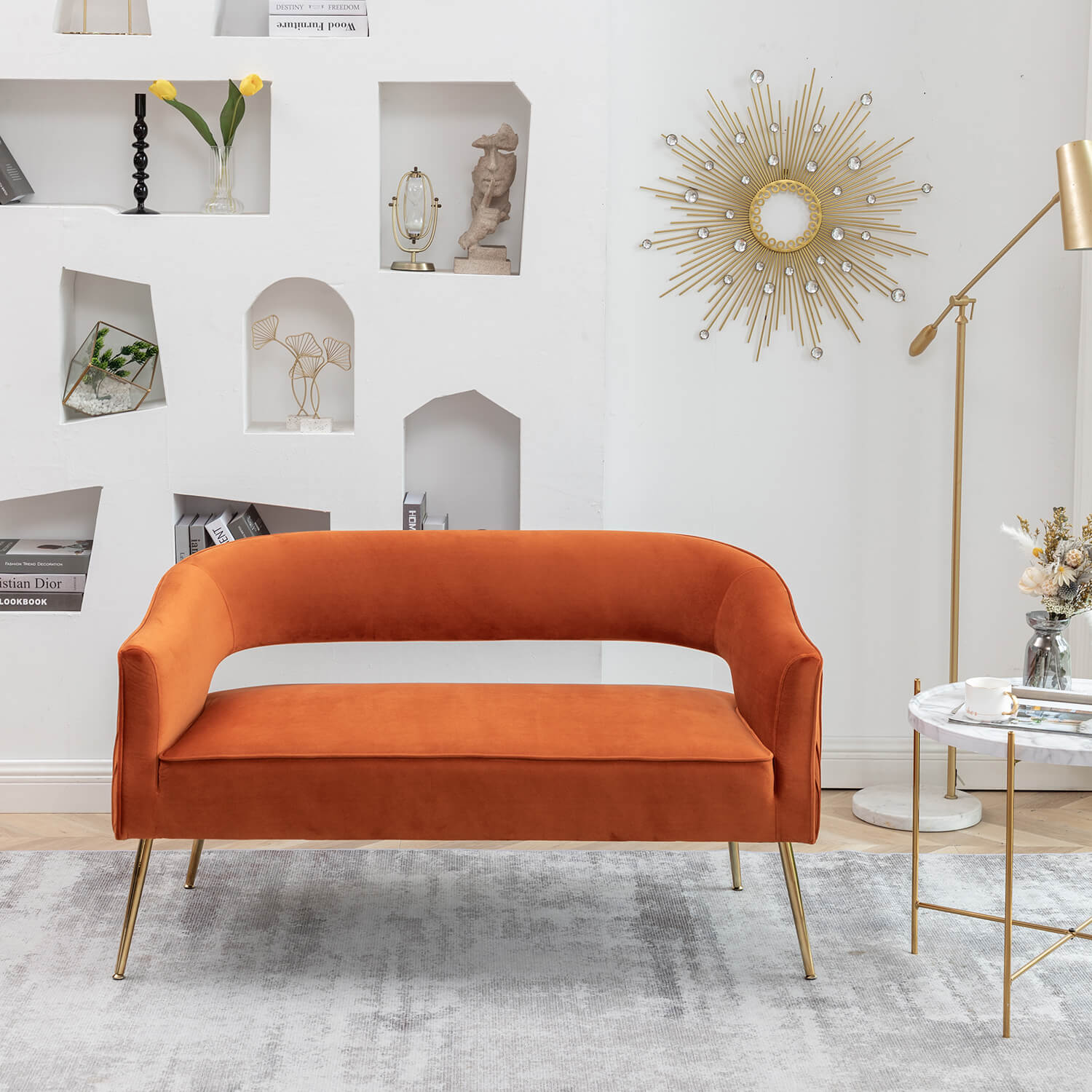 SEYNAR Modern 51'' Velvet Tufted Loveseat Open Back with Golden Metal Legs