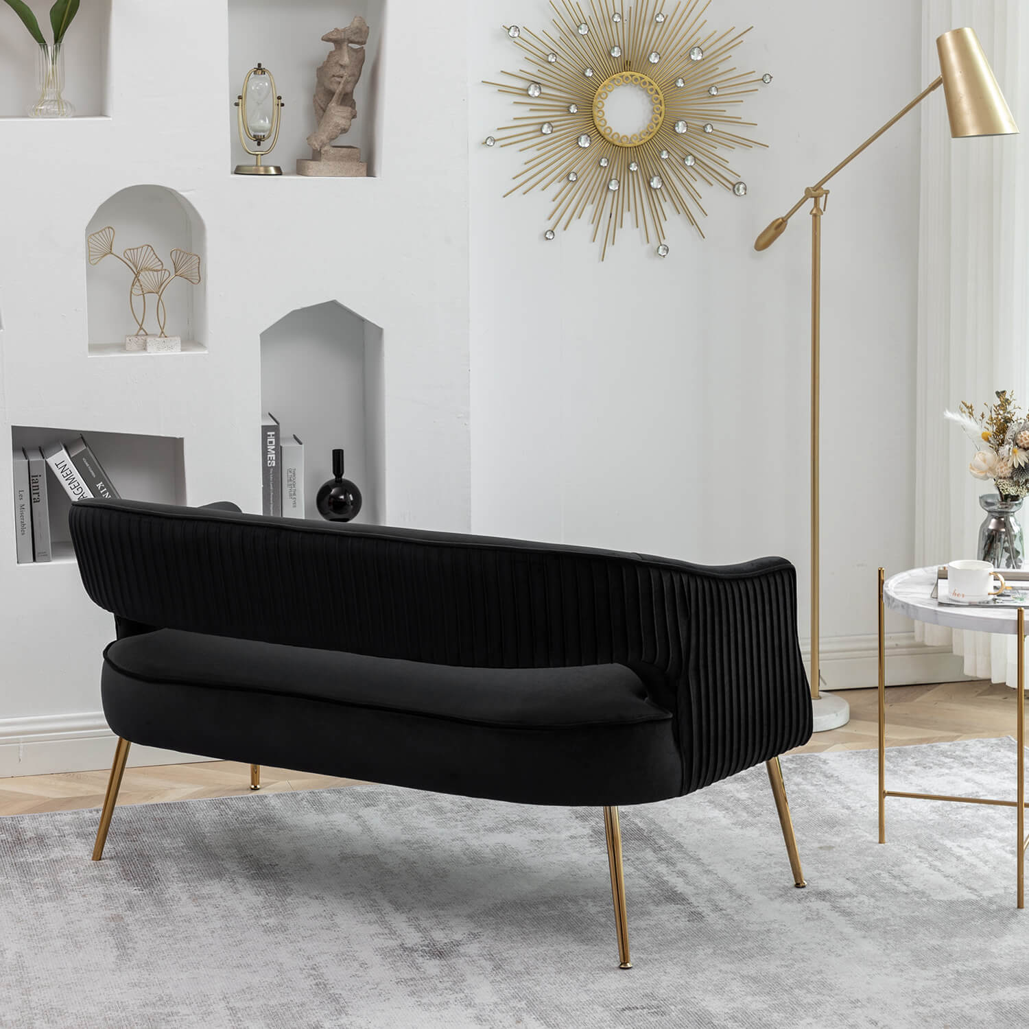 SEYNAR Modern 51'' Velvet Tufted Loveseat Open Back with Golden Metal Legs