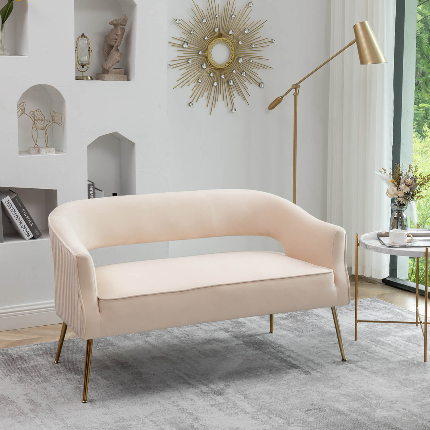SEYNAR Modern 51'' Velvet Tufted Loveseat Open Back with Golden Metal Legs