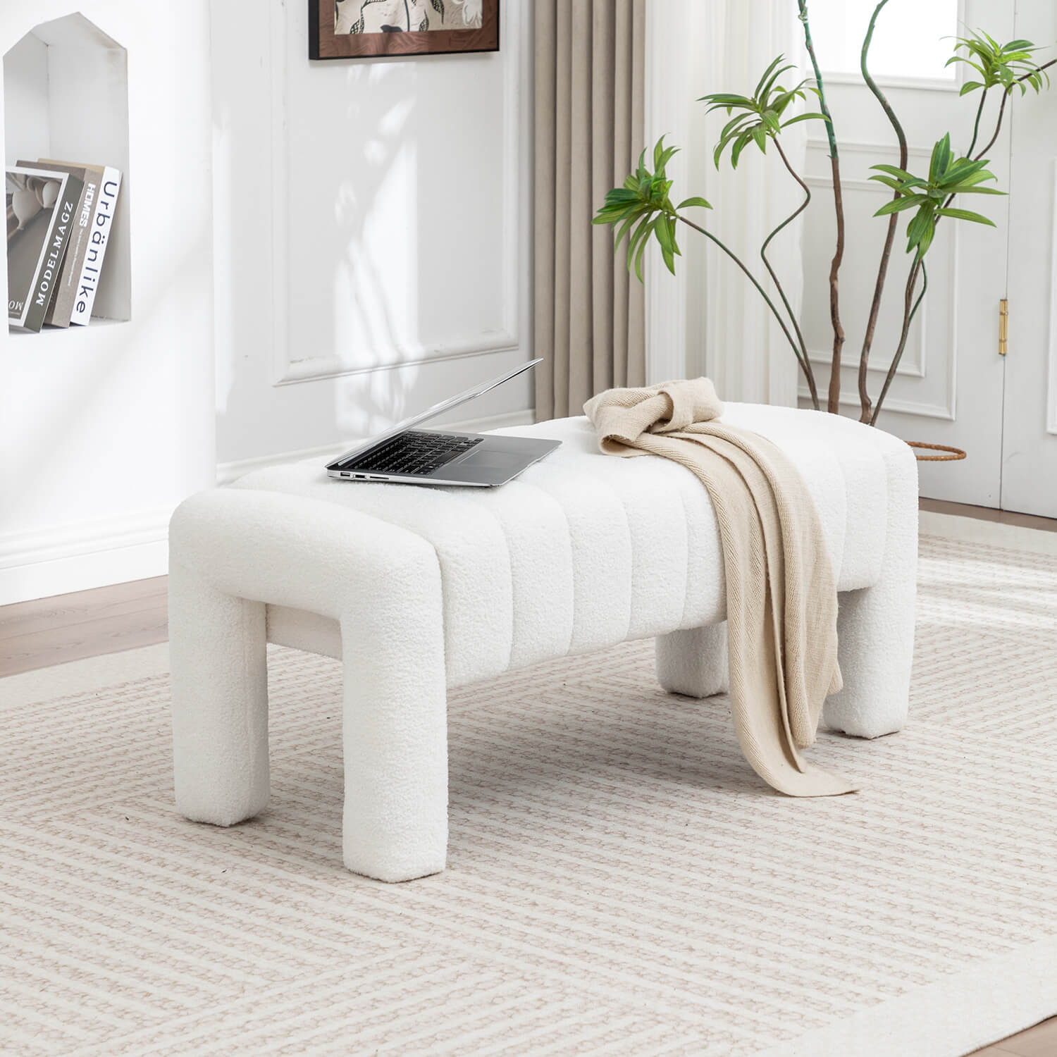SEYNAR Modern Glam Teddy Velvet Fabric Rectangle Ottoman