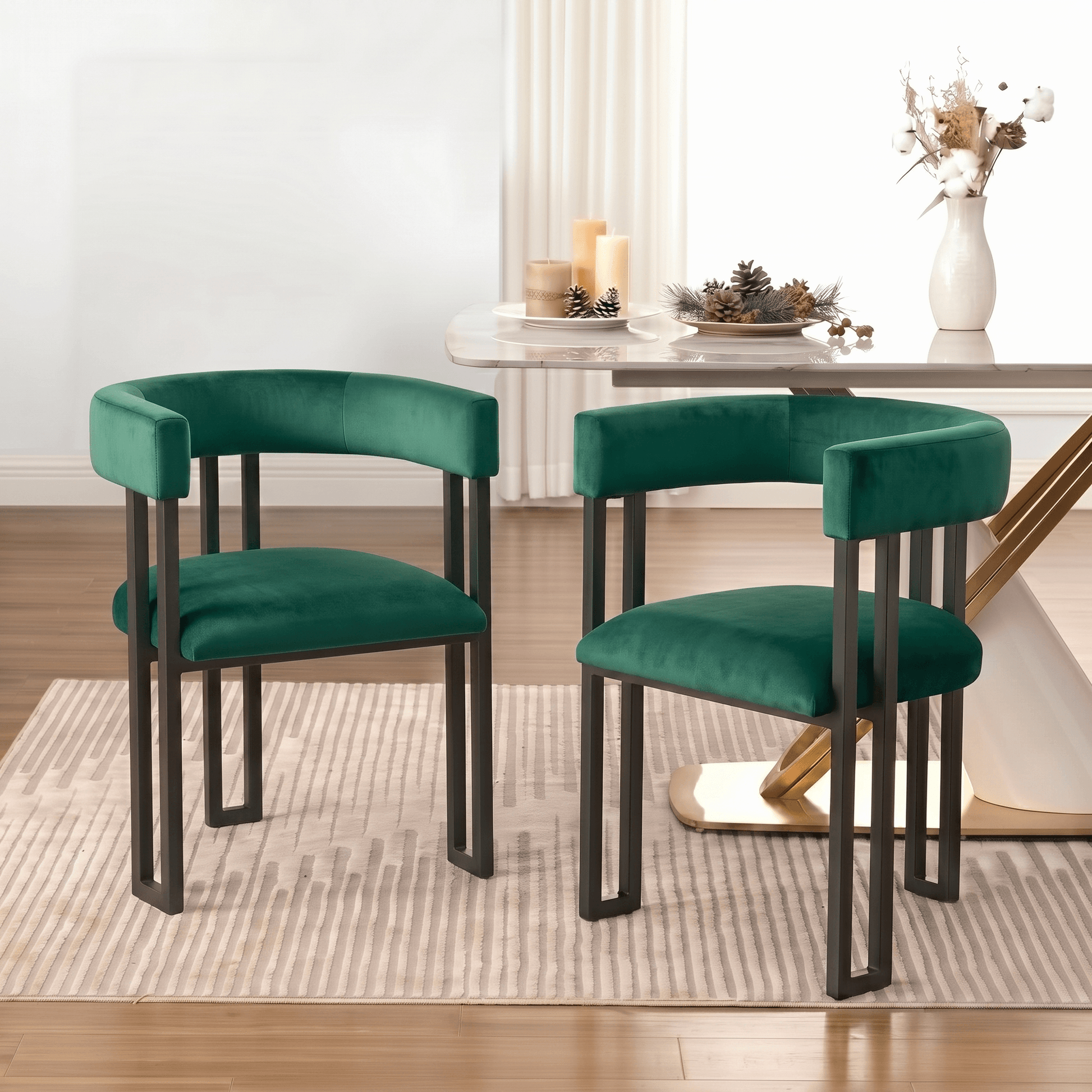 SEYNAR Modern Velvet Dining Chairs Set of 2, Curved Barrel Back Upholstered Armchairs with Black Metal Frame for Dining Room
