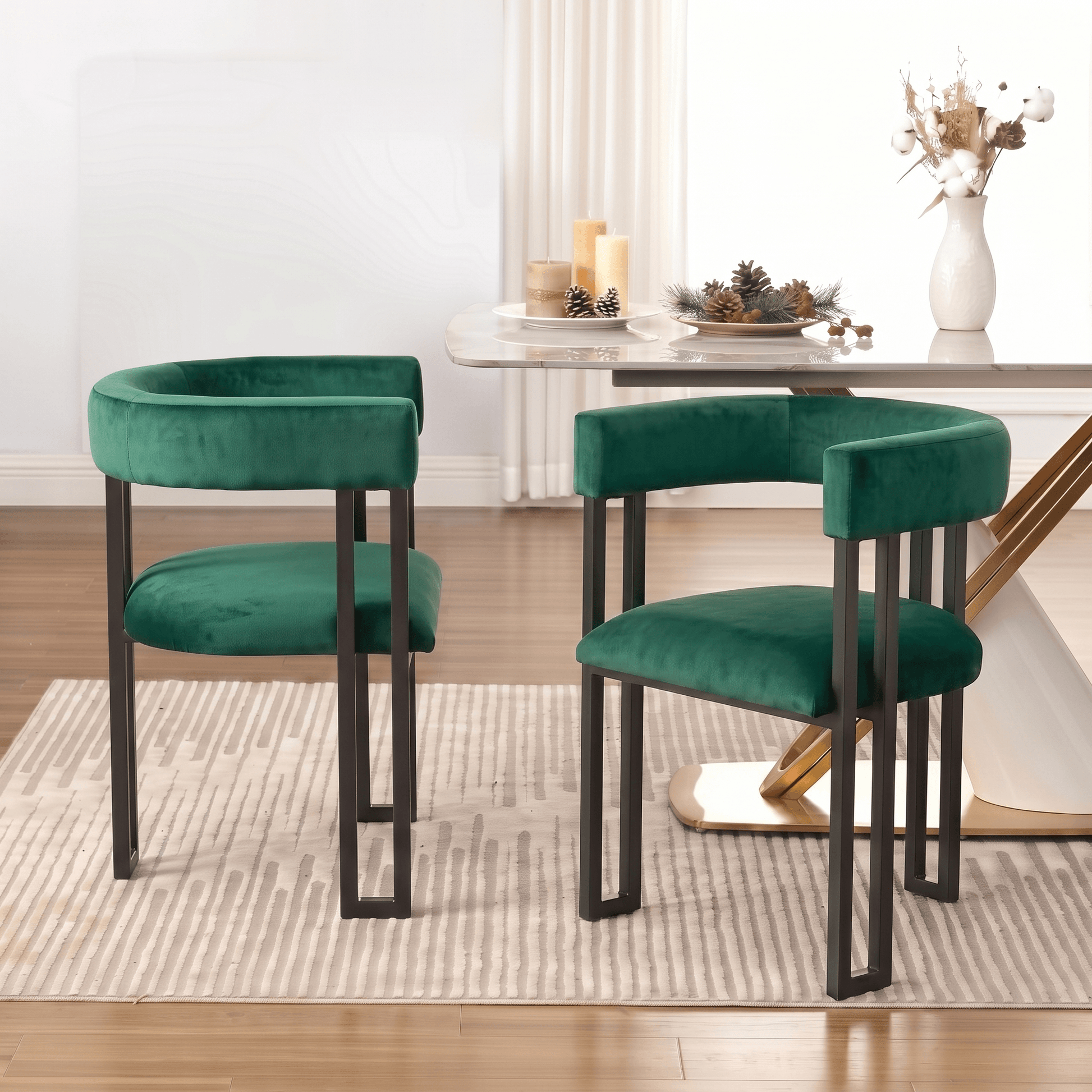 SEYNAR Modern Velvet Dining Chairs Set of 2, Curved Barrel Back Upholstered Armchairs with Black Metal Frame for Dining Room